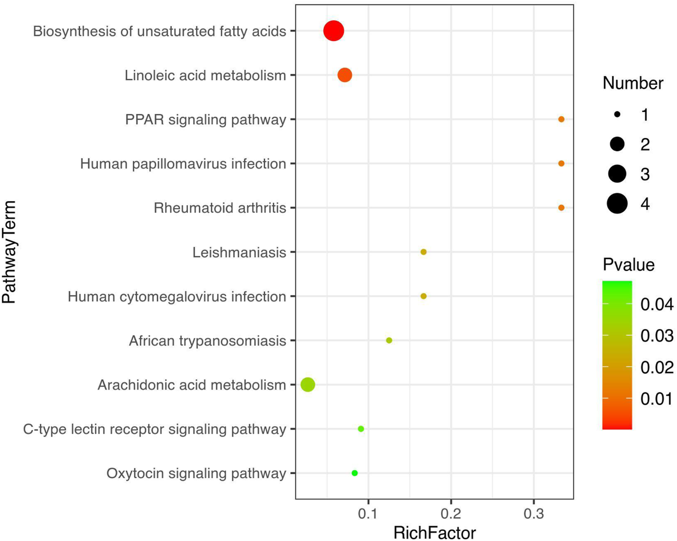 Scatter plot showing pathway terms on the y-axis and RichFactor on the x-axis. Dot sizes represent number significance, and colors indicate p-values ranging from red (low) to green (high). Top pathways include Biosynthesis of unsaturated fatty acids and Linoleic acid metabolism, indicated by larger and redder dots.