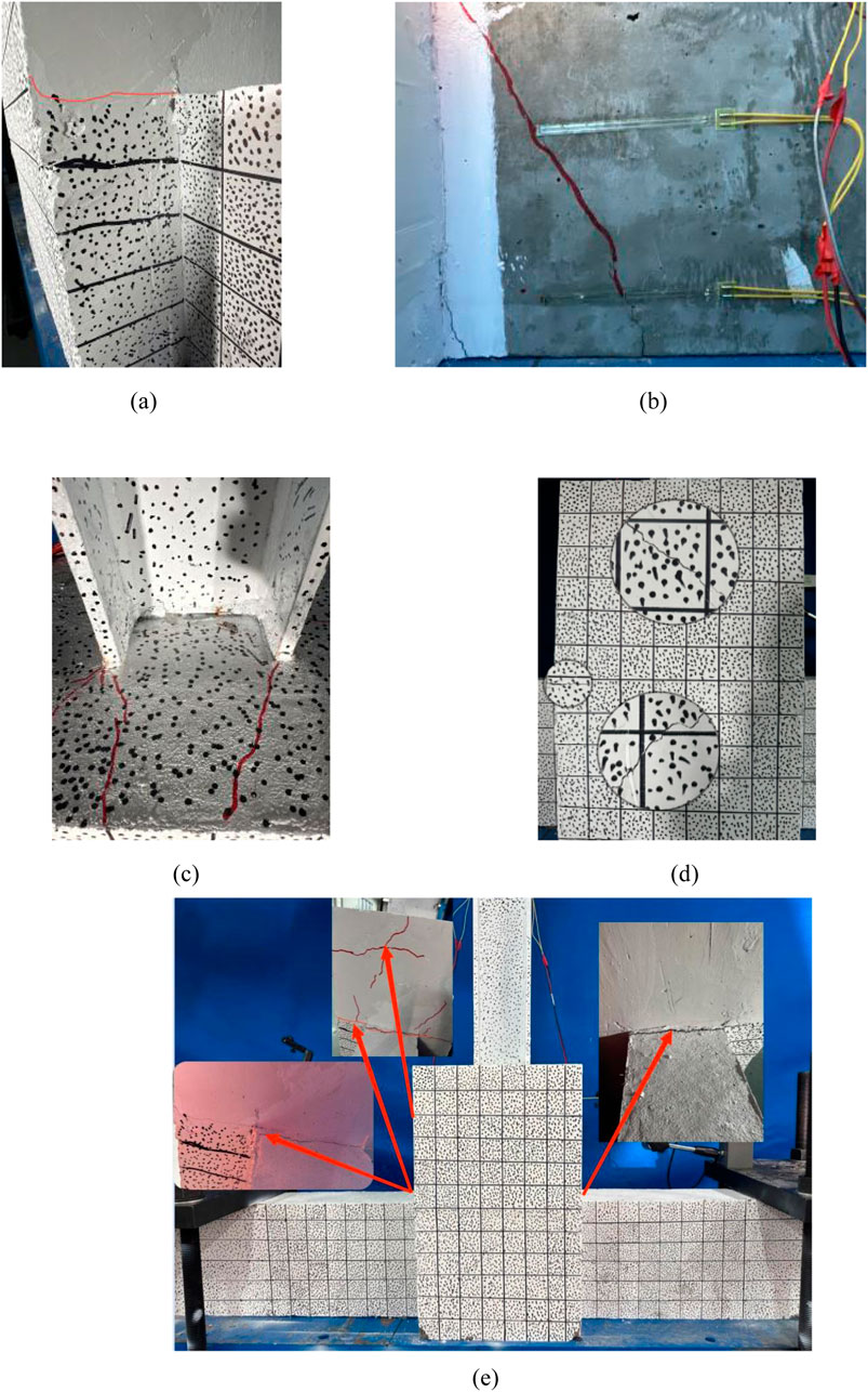 Series of images depicting concrete structures with various crack formations. (a) Corner of a structure with a horizontal crack marked in red. (b) Horizontal wall with vertical red-marked cracks and exposed wires. (c) Interior corner with vertical red-marked cracks. (d) Square tile pattern with two circular details. (e) Composite image showing a larger structure front, marked with red lines pointing to crack details in insets.