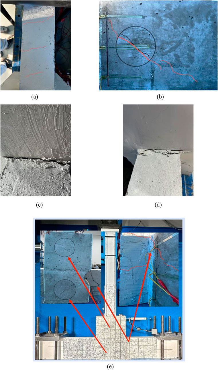 Five-panel image illustrating concrete surfaces with visible cracks. (a) A concrete block with a noticeable crack marked in red. (b) A close-up of a concrete surface showing a highlighted crack inside a black circle with parallel rods. (c) Close-up of a textured surface with a small crack at the corner. (d) Another corner view of a concrete surface with a visible crack. (e) Two concrete blocks side by side with red arrows pointing to specific areas of interest on the blocks, highlighting crack locations.