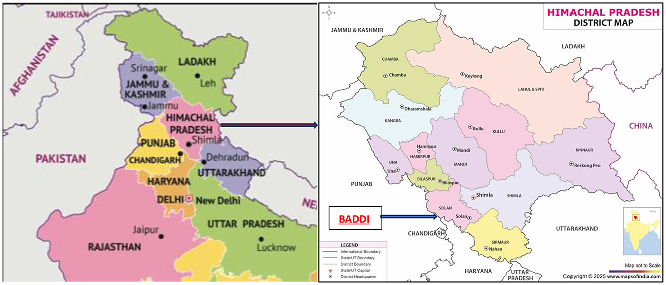 Map showing India's northern states with a highlighted focus on Himachal Pradesh. The left side displays surrounding states and countries, such as Punjab, Uttarakhand, and Pakistan. The right side zooms in on Himachal Pradesh's districts, with Solan marked and Baddi highlighted as a point of interest.