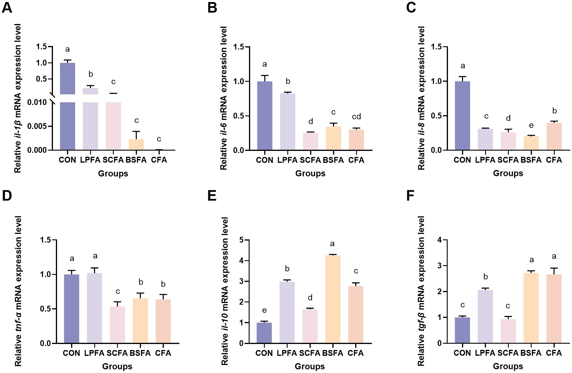 Bar graphs displaying relative mRNA expression levels for various genes: (A) il-1β, (B) il-6, (C) il-8, (D) tnf-α, (E) il-10, and (F) tgf-β. Each graph compares control (CON) with different dietary treatments: LPFA, SCFA, BSFA, CFA. Each bar is labeled with letters indicating statistical differences.