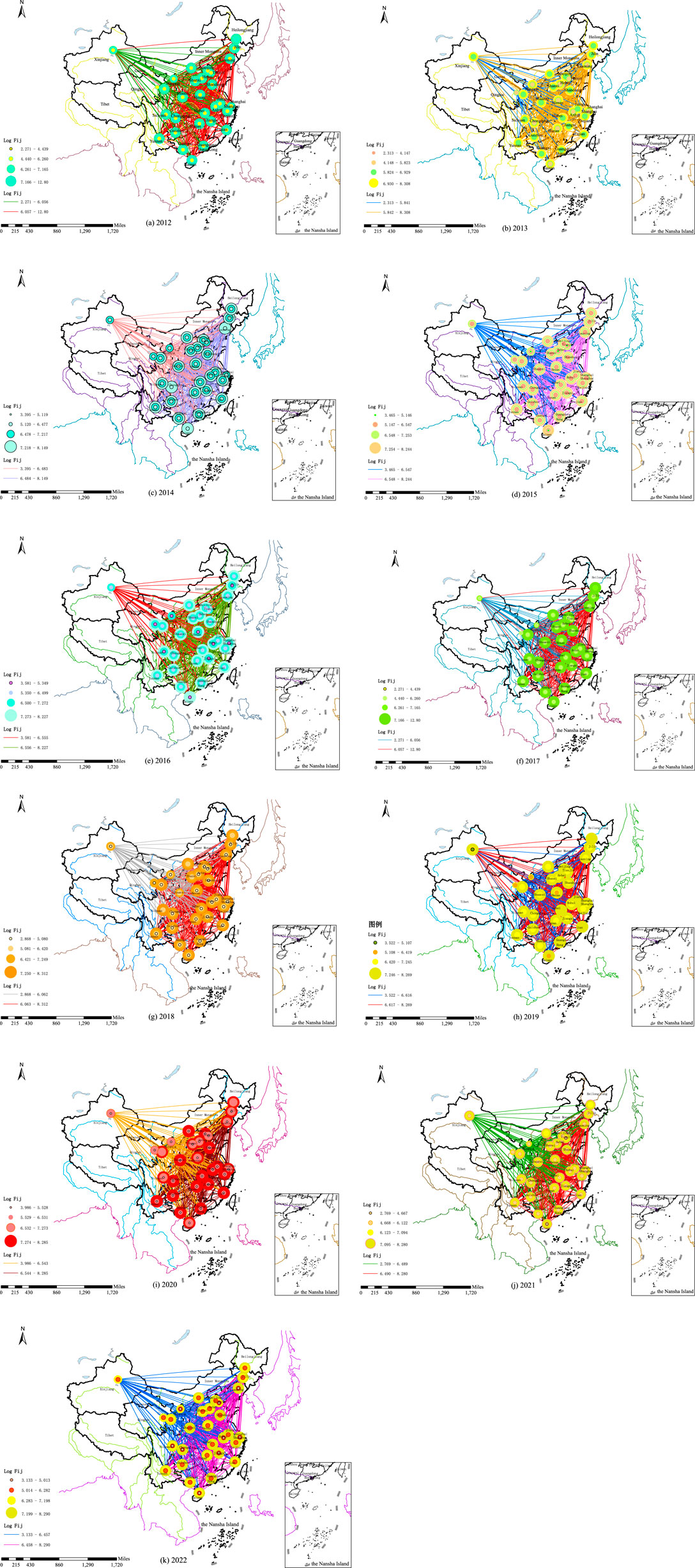 Six maps illustrating air transportation networks in China from 2012 to 2017, showing varying node sizes and connection lines. Each map displays the intensity of connections between cities using color-coded lines and circles that indicate the level of air traffic. Insets of the Nansha Islands are included. Color legend indicates the volume of traffic. Five maps depict network connections in East Asia using colored lines and circles of varying sizes. Each map shows different data distributions with a focus on specific regions, highlighted by the color-coded legend indicating Log P(lij) values. Insets display the Nansha Islands.