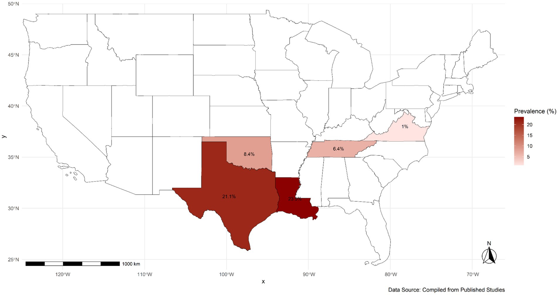 Map of the United States showing mean infection prevalence percentages of a T. cruzi in certain states. Louisiana and Texas have the highest prevalence at 23.5 percent and 21.1 percent, respectively, depicted in dark red. Other states like Oklahoma, Tennessee, and Virginia show lower percentages ranging from 1 percent to 8.4 percent in lighter shades of red. A legend on the right explains the color gradient representing prevalence percentages, with sources cited as compiled from published studies.