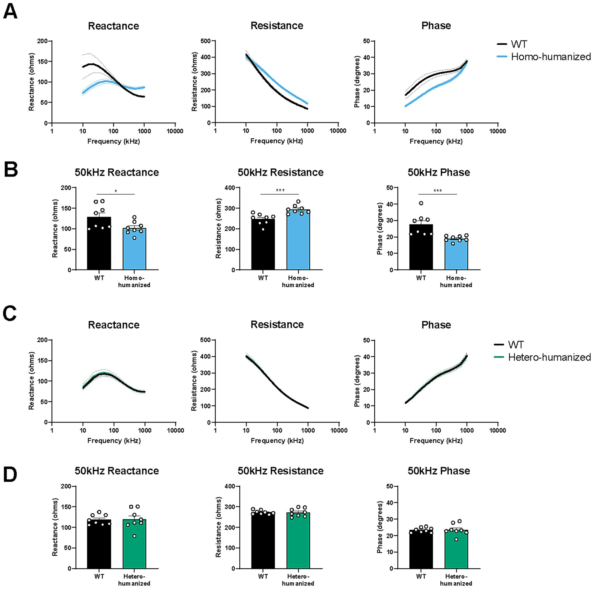 Four panels (A-D) showing graphs comparing electrical properties across frequencies. Graphs A and C show reactance, resistance, and phase over a frequency range of 1 to 10000 kHz for WT and different humanized models. Panel B displays bar graphs at 50 kHz for reactance, resistance, and phase comparing WT and homo-humanized, while panel D compares WT and hetero-humanized. Significant differences are marked with asterisks.