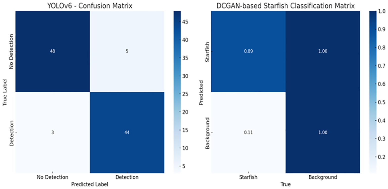 Two side-by-side matrices. The first is a YOLOv6 confusion matrix with true labels for detection and no detection against predicted labels. Values: 48 true negatives, 5 false positives, 3 false negatives, 44 true positives. The second is a DCGAN-based starfish classification matrix with true values for starfish and background against predicted values. Values: 0.89 starfish accuracy, 1.0 background accuracy. Both use color gradients from light to dark blue to represent values.