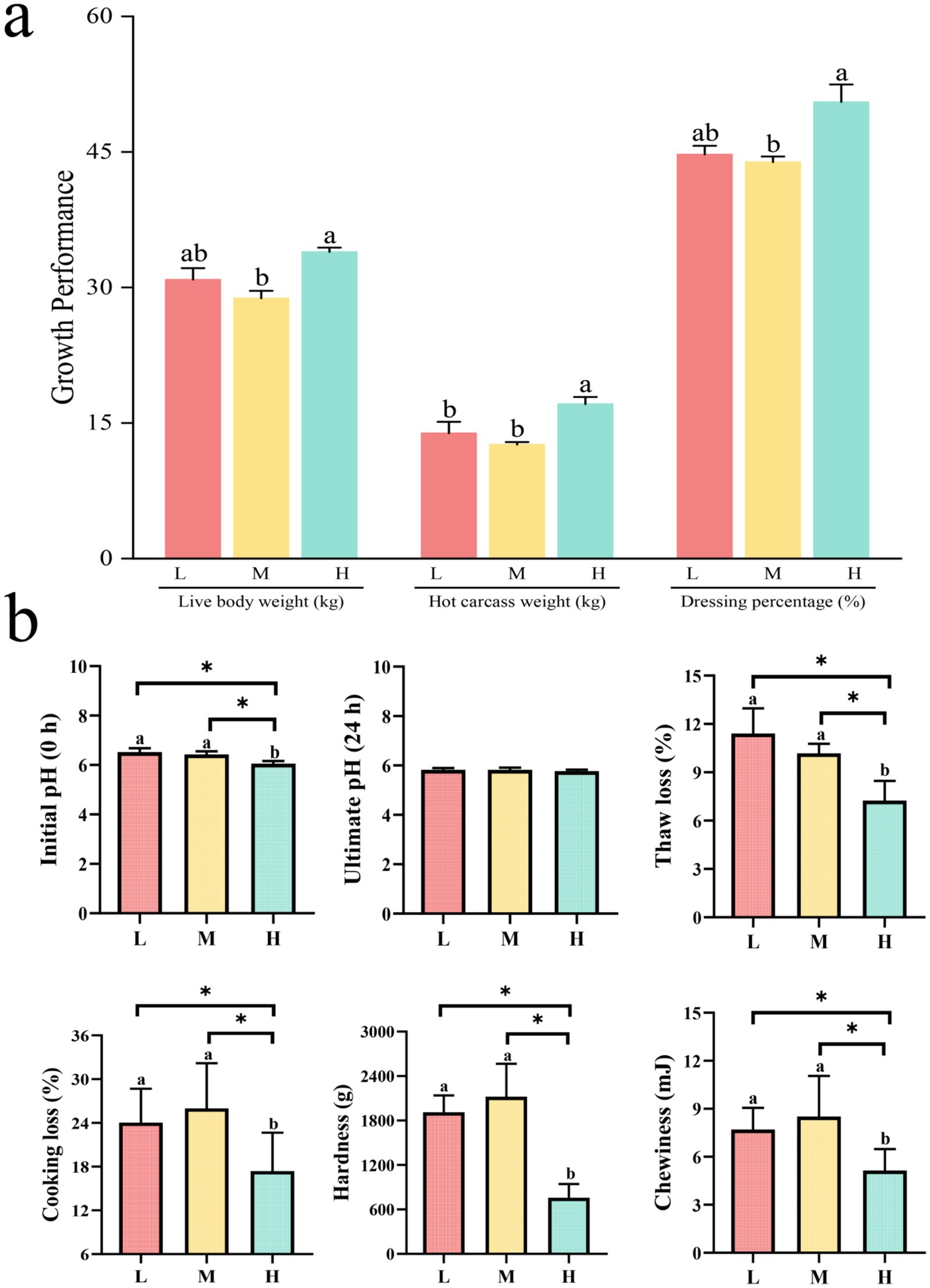 Bar graphs comparing growth performance and meat quality in three categories: L, M, and H. Graph (a) shows live body weight, hot carcass weight, and dressing percentage, with H generally higher. Graph (b) illustrates initial and ultimate pH, thaw loss, cooking loss, hardness, and chewiness, with significant differences among categories marked by asterisks.