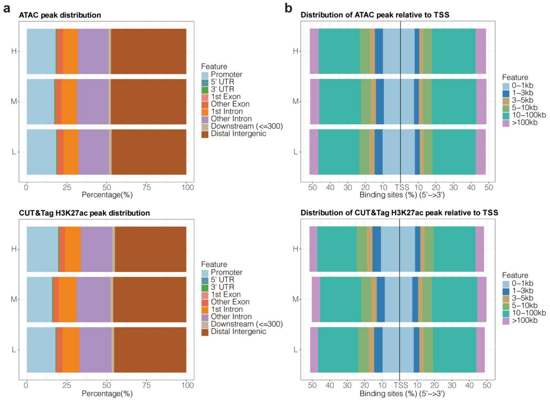 Four bar charts compare ATAC and CUT&Tag H3K27ac peak distributions across genomic features (left) and relative to transcription start sites (TSS) (right). Each chart is divided by high (H), medium (M), and low (L) categories. On the left, features include promoters and distal intergenic regions, with a color-coded legend. On the right, distributions are shown in relation to distances from the TSS, with a legend indicating distance ranges.