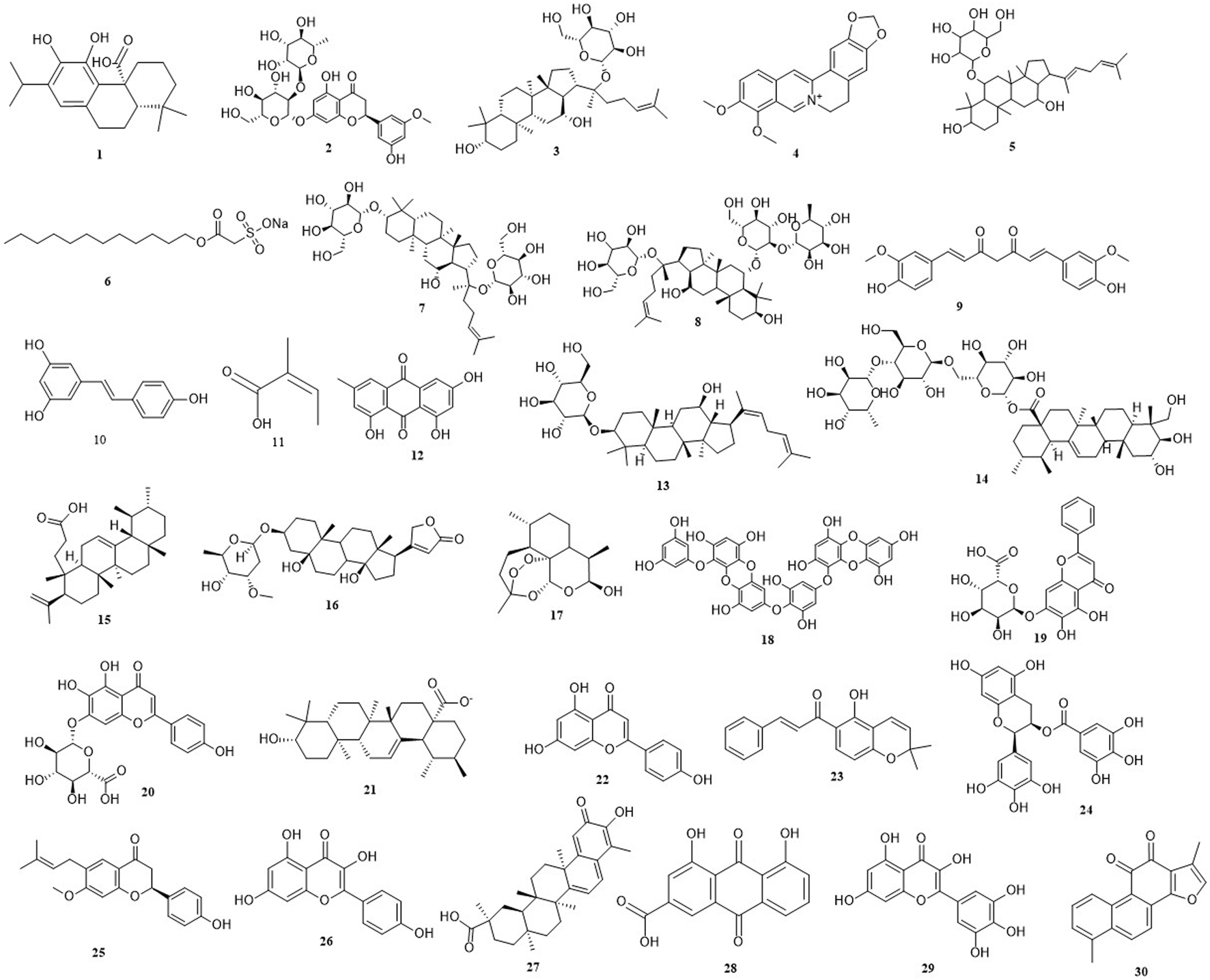 A collection of chemical structures, each labeled with numbers 1 to 30. Each diagram represents a distinct chemical compound with various molecular arrangements, including rings and chains featuring elements such as carbon, hydrogen, and oxygen, as indicated by common molecular notations.