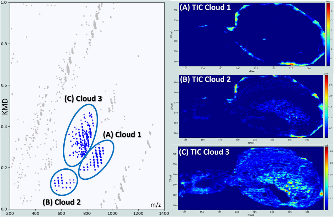 Scatter plot and three thermal intensity graphs. Plot shows clusters labeled Cloud 1, Cloud 2, and Cloud 3 against axes KMD and m/z. Graphs display TIC Cloud 1, Cloud 2, and Cloud 3 with color-coded scales from low to high intensity.