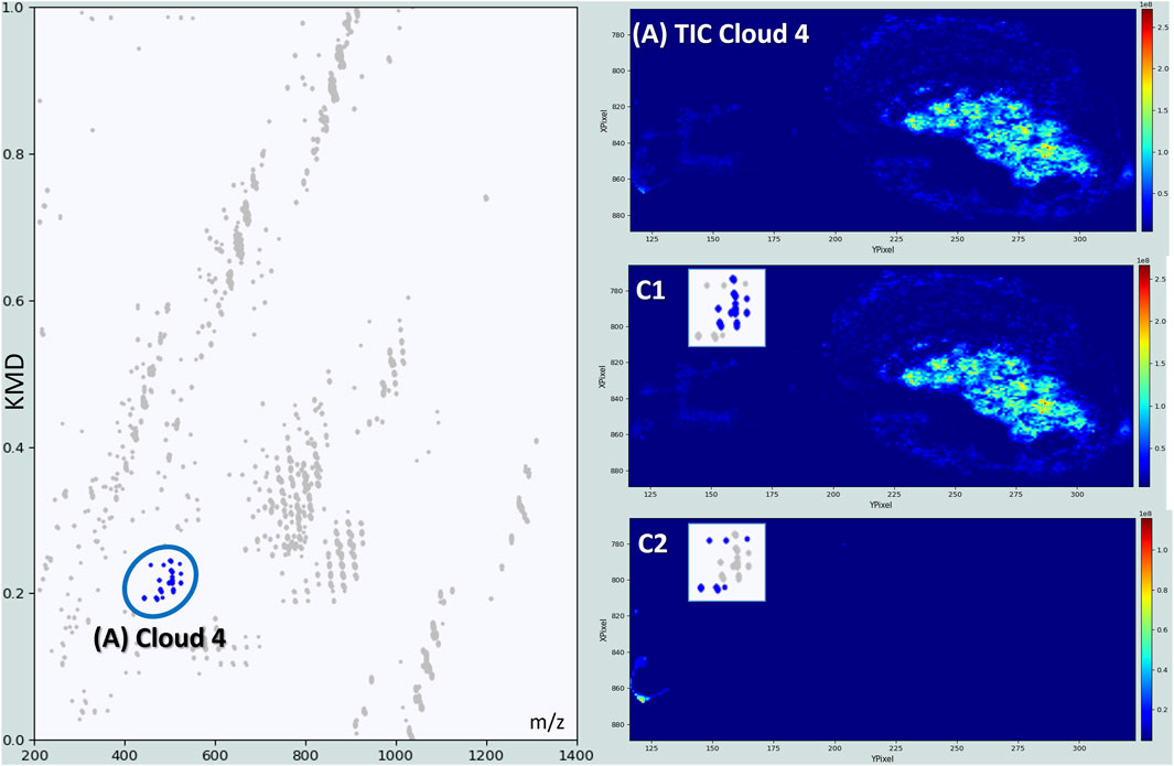 A scatter plot and three heatmaps are displayed. The scatter plot on the left shows data points with a section labeled