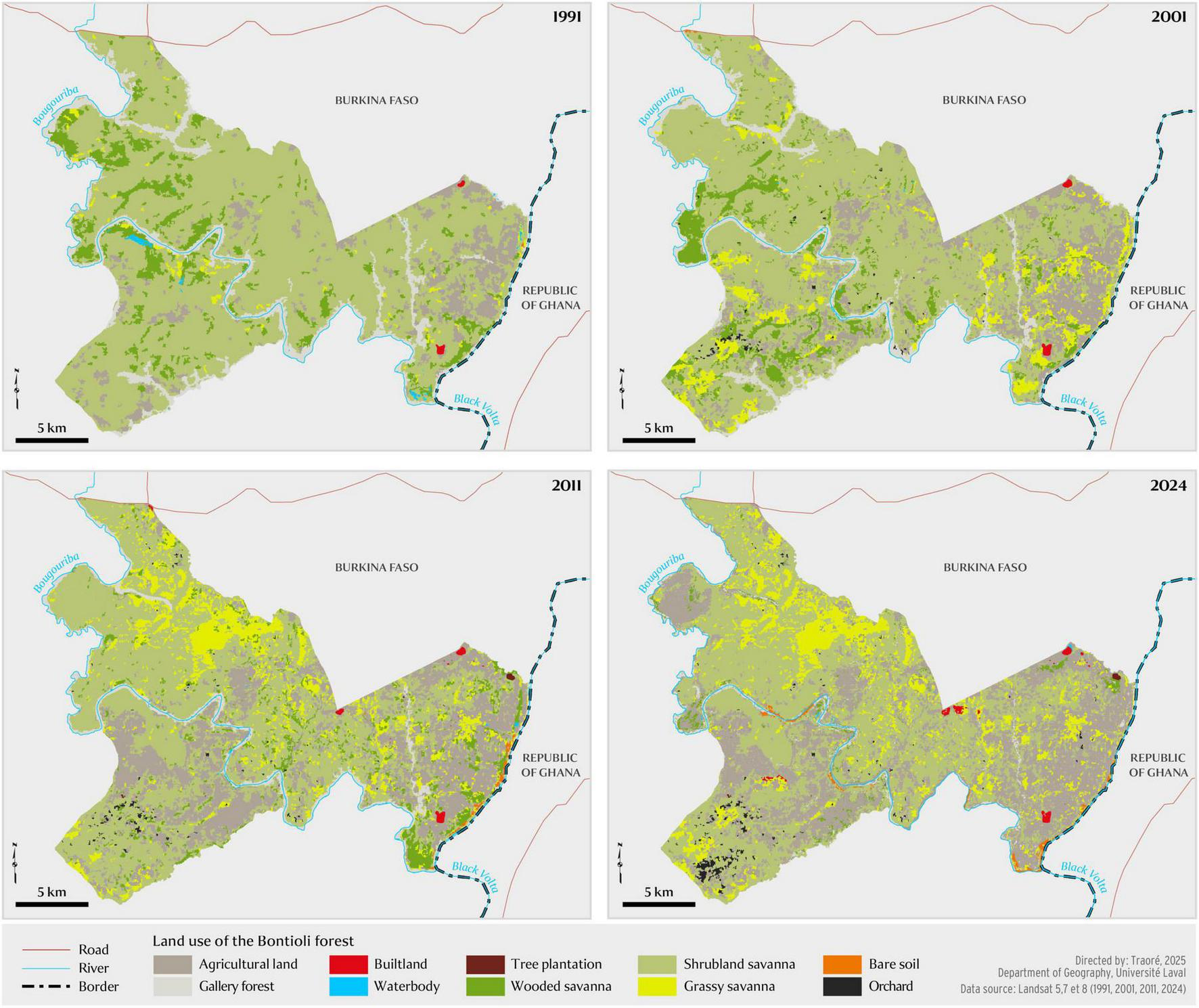 Maps showing land use changes in the Bontioli forest from 1991 to 2024. Four maps, each representing different years: 1991, 2001, 2011, and 2024, indicate various land uses via color coding. Categories include agricultural land, built-up areas, tree plantations, and different types of savannas. Each map highlights changes in land cover over time, with notable increases in agricultural and built-up areas. Borders, roads, and rivers are also marked.
