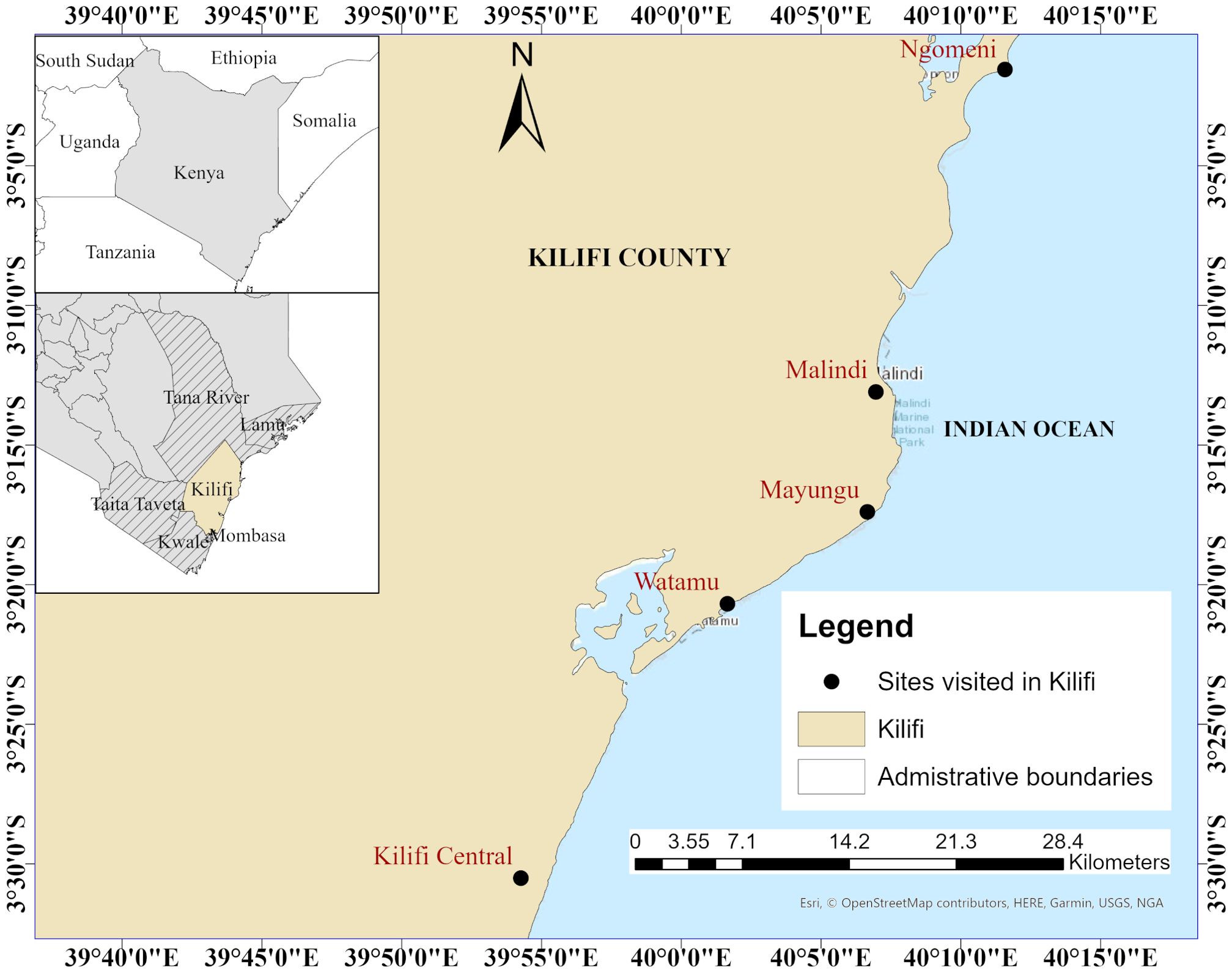 Map of Kilifi County, Kenya, highlighting visited sites: Ngomeni, Malindi, Mayungu, Watamu, and Kilifi Central, marked with black dots. Inset maps display Kenya's location in relation to neighboring countries and Kilifi's position within Kenya. The map includes a legend and geographic coordinates.