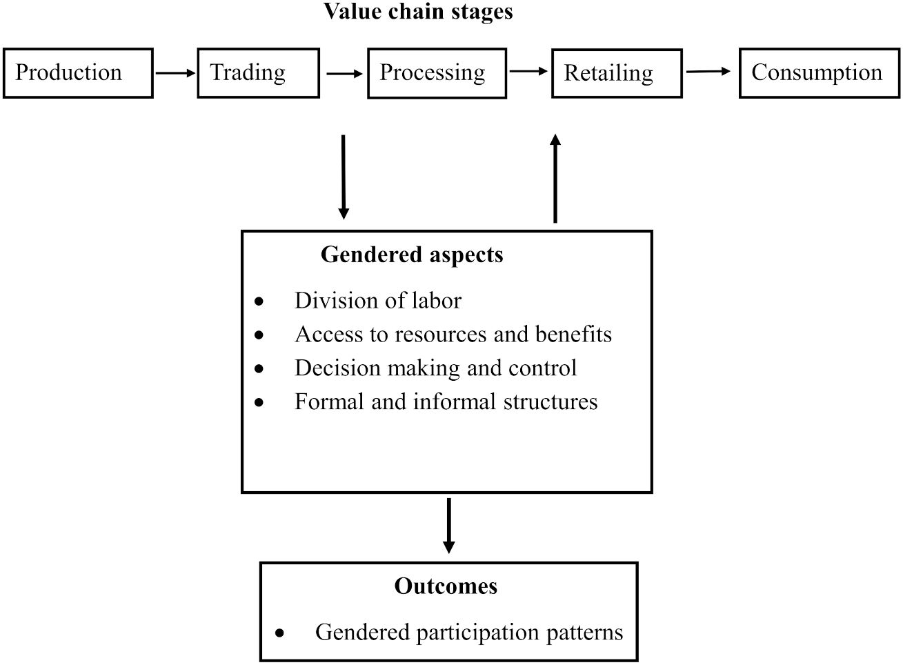 Flowchart showing value chain stages: Production, Trading, Processing, Retailing, and Consumption. An arrow leads to a box titled “Gendered aspects,” listing division of labor, access to resources and benefits, decision making and control, and formal and informal structures. Another arrow points to “Outcomes,” indicating gendered participation patterns.