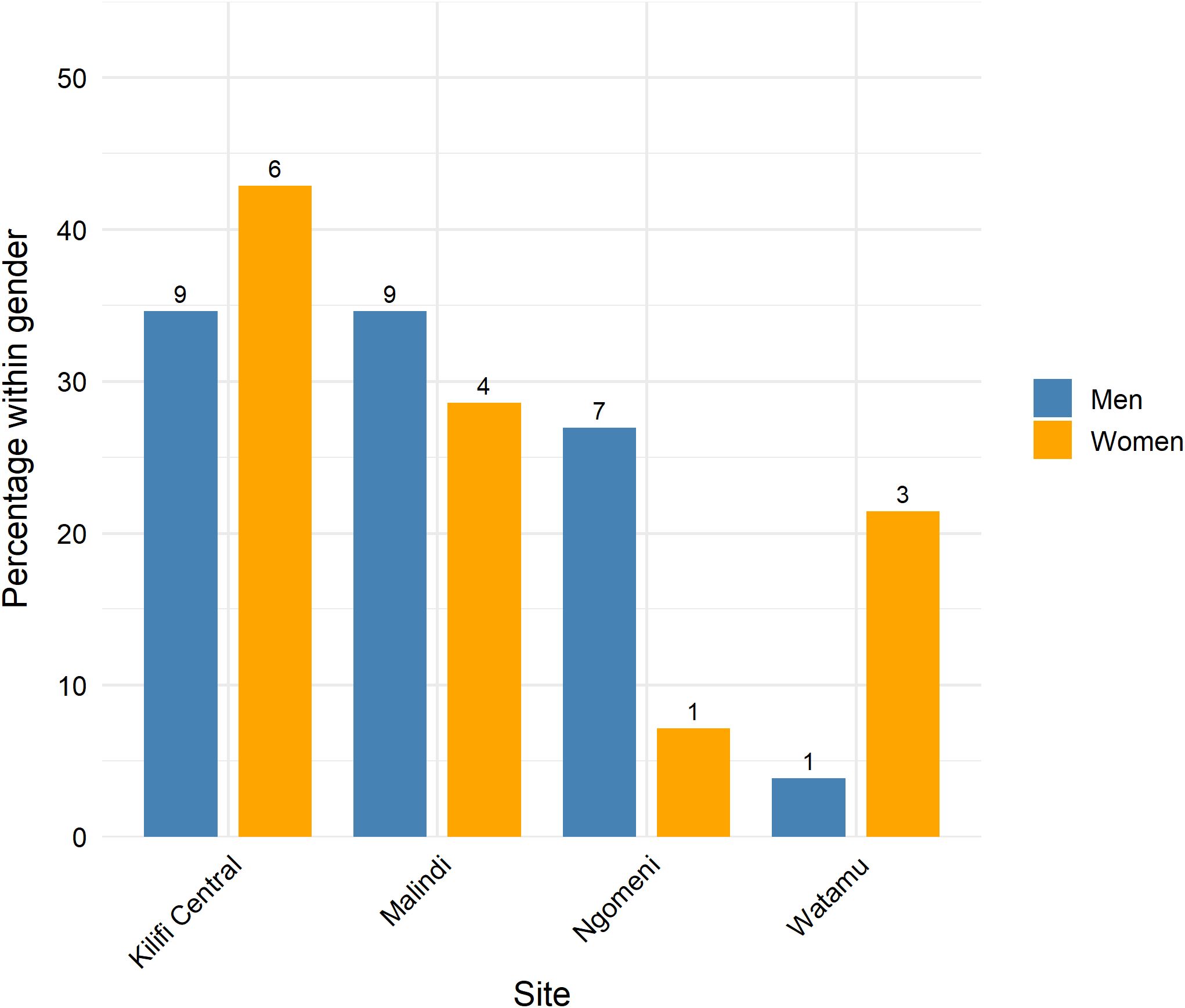 Bar chart showing gender percentages by site. In Kilifi Central, men are at 39%, women 36%. Malindi shows men at 29%, women 24%. Ngomeni has men at 31%, women 4%. Watamu has men at 1%, women 3%.