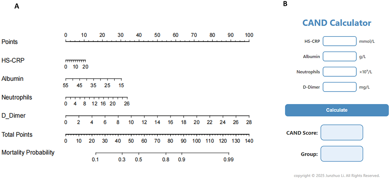 Diagram showing a point system for calculating mortality probability based on HS-CRP, Albumin, Neutrophils, and D-Dimer levels. Panel A includes point mappings and corresponding mortality probabilities. Panel B displays a calculator interface for entering the values to obtain a CAND Score and Group classification.