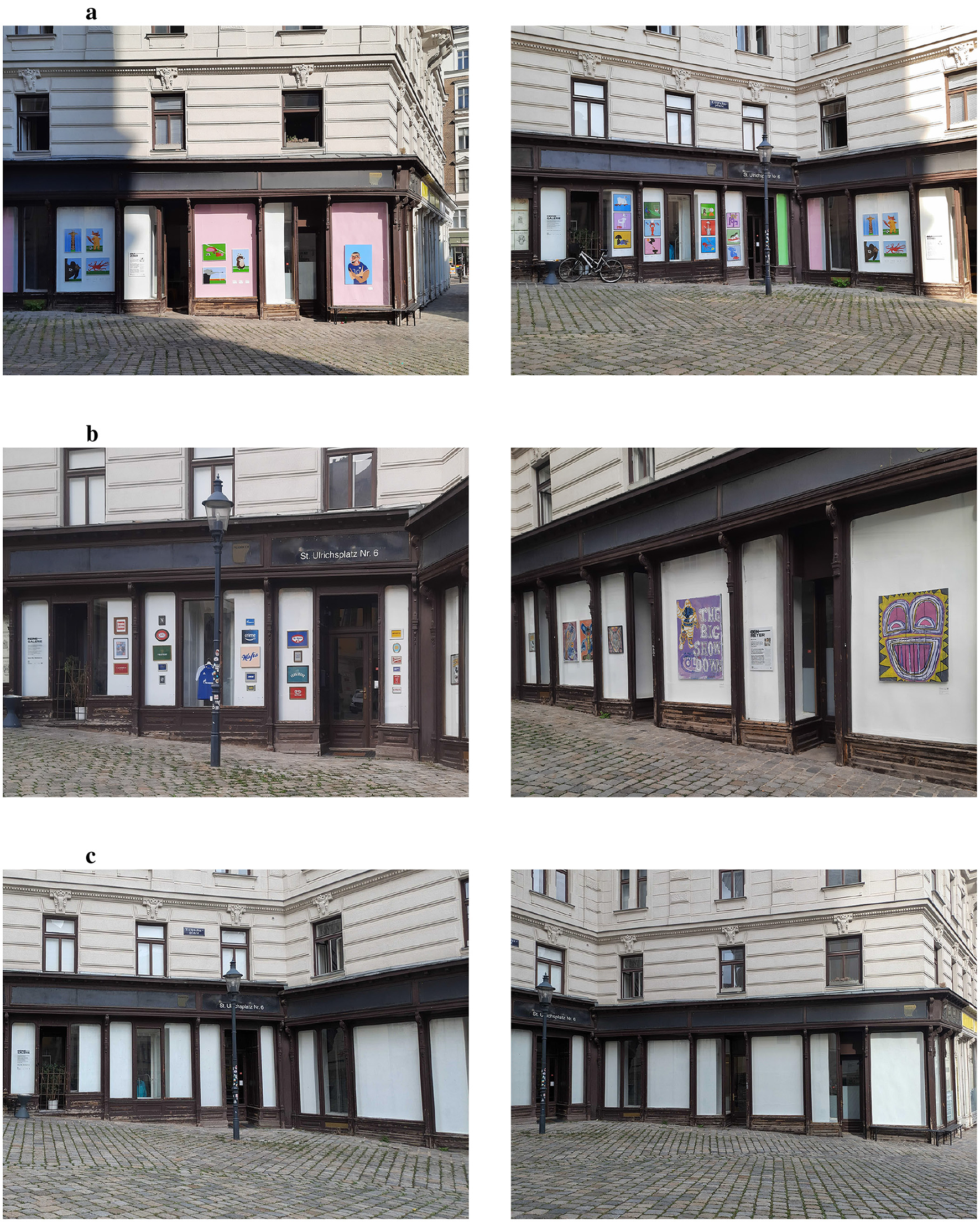 Map of Vienna showing two sections. Panel a highlights the location of Keine Galerie (yellow marker) within Vienna and specifically within Neubau (7th district, green outline). Panel b details locations with colored markers indicating observers, Keine Galerie, restaurants, shops, and a church. Observation directions for Observer 1 and Observer 2 are marked.