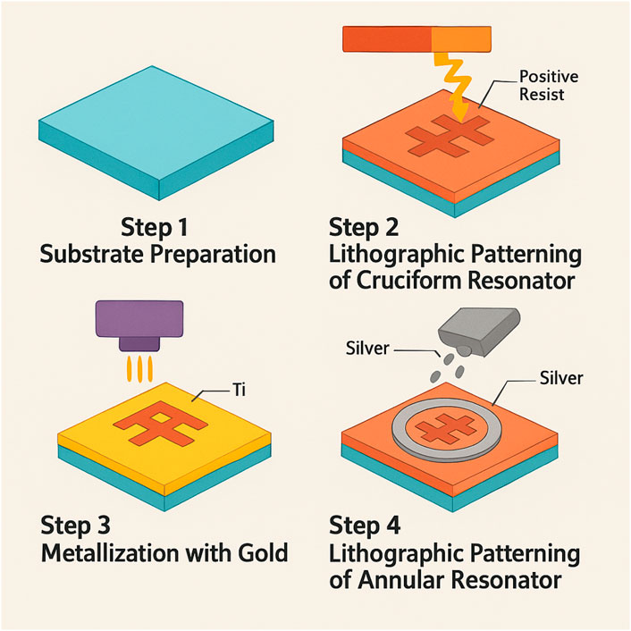 Steps in creating a resonator: Step 1 is substrate preparation with a teal base. Step 2 is lithographic patterning of a cruciform resonator using positive resist. Step 3 is metallization with titanium and gold on a yellow surface. Step 4 involves lithographic patterning of an annular resonator with silver circles on an orange layer.