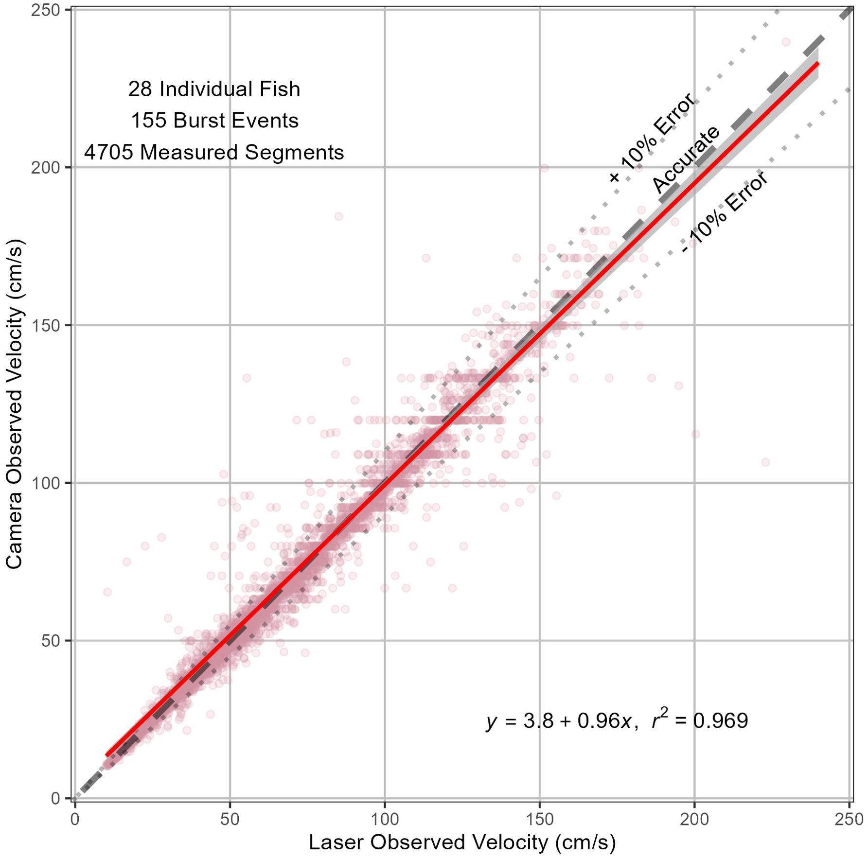 Scatter plot showing the relationship between laser observed velocity and camera observed velocity for fish. Data points represent 4705 segments with 28 individual fish across 155 burst events. The trend line follows y = 3.8 + 0.96x with r² = 0.969, indicating strong correlation. Two dashed lines indicate ±10% error.