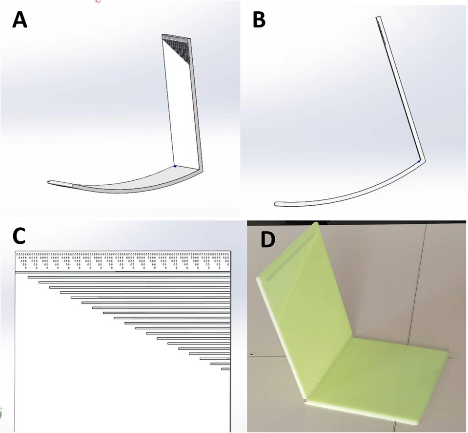Panel A shows a 3D model of a partially enclosed, slanted structure with a curved base. Panel B presents a simplified outline of the same structure. Panel C illustrates a schematic diagram with numbers and descending lines, likely depicting measurements. Panel D displays a physical prototype of the structure in light green, placed on a tiled surface.