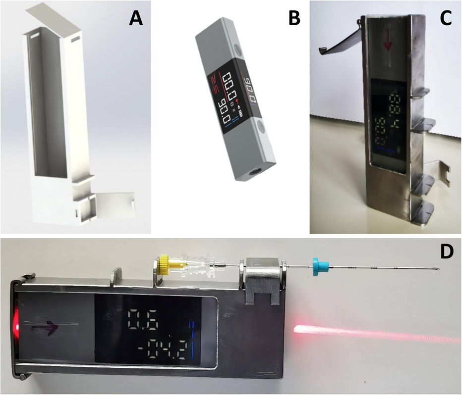 A. Vertical metallic casing with a hinged door at the bottom. B. Rectangular electronic device with a digital display showing numbers. C. Metallic casing with an open top, housing a digital display. D. Horizontal metallic assembly with a syringe and needle attached, emitting a red laser light.