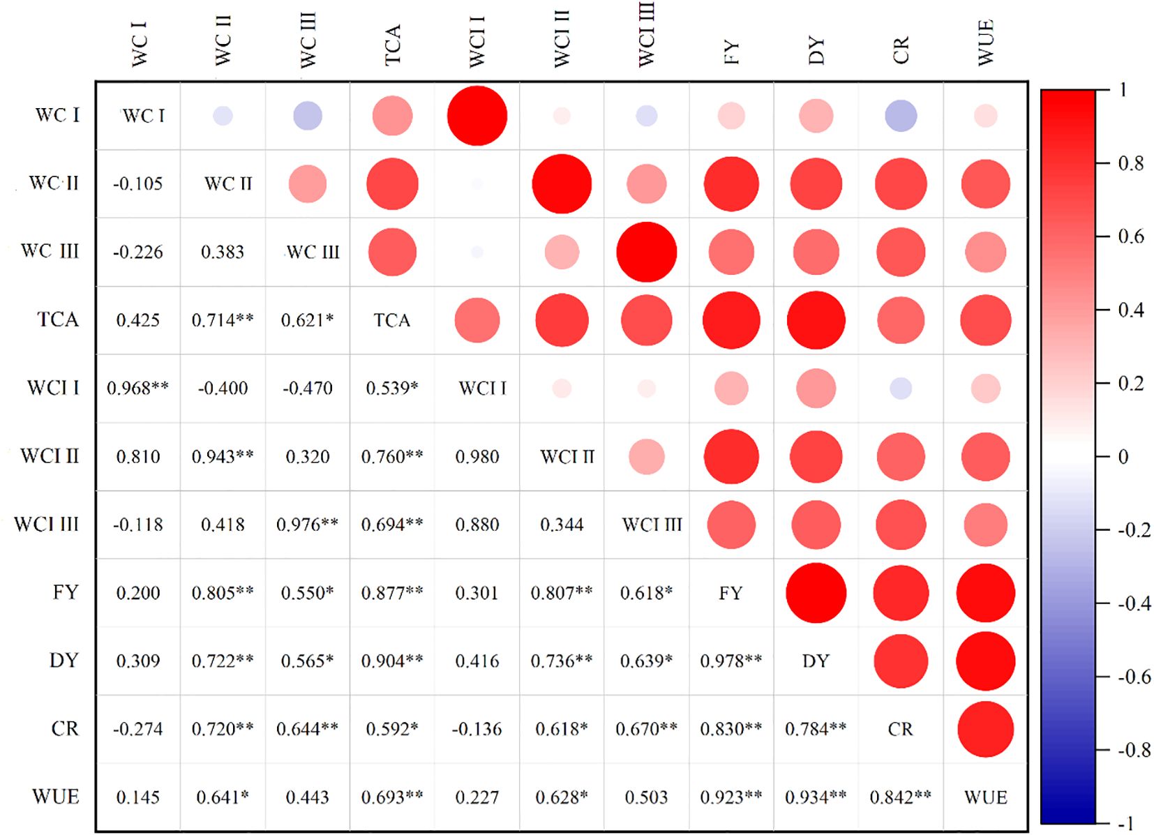 Correlation matrix heatmap showing relationships among variables: WC I, WC II, WC III, TCA, WCI I, WCI II, WCI III, FY, DY, CR, and WUE. Red circles indicate positive correlations, with larger and darker circles showing stronger correlations. Blue tones signify negative relationships. The color scale ranges from –1 (blue) to 1 (red).