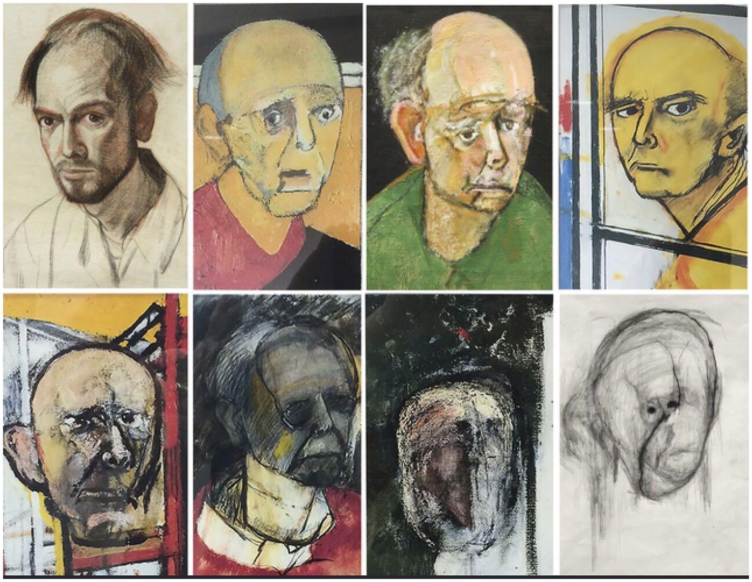 A collage of eight abstract male portraits arranged to show progressive degradation in visual clarity. The first portrait looks fully human, with sharp lines, detailed features, and vibrant colors. Each subsequent portrait becomes more abstract, blurred, and sketch-like, with the final image appearing almost unrecognizable as human. Styles range from impressionistic to expressionistic, and facial expressions vary from intense to contemplative.