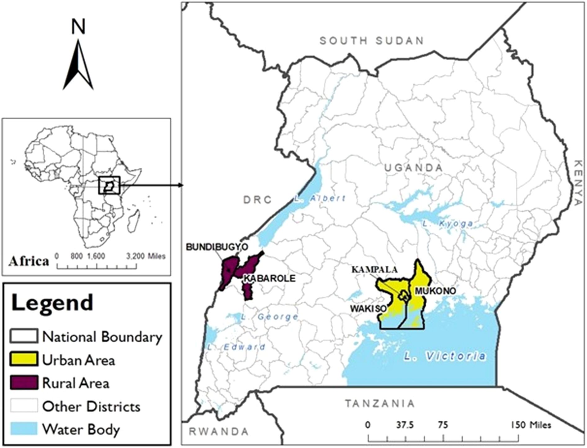 Map of Uganda highlighting urban and rural areas with distinct colors. Urban districts, Kampala, Mukono and Wakiso, are in yellow. Rural districts, Bundibugyo and Kabarole, are in purple. A small inset map of Africa shows Uganda's location. Water bodies are marked in blue.