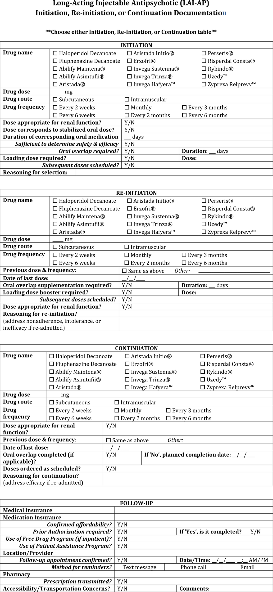 Form for documenting initiation, re-initiation, or continuation of long-acting injectable antipsychotics. Sections include drug name, dose, route, frequency, renal function, overlapping oral medication, and reasoning. Follow-up section covers insurance, affordability, authorization, free drug programs, appointments, pharmacy, and transportation concerns.
