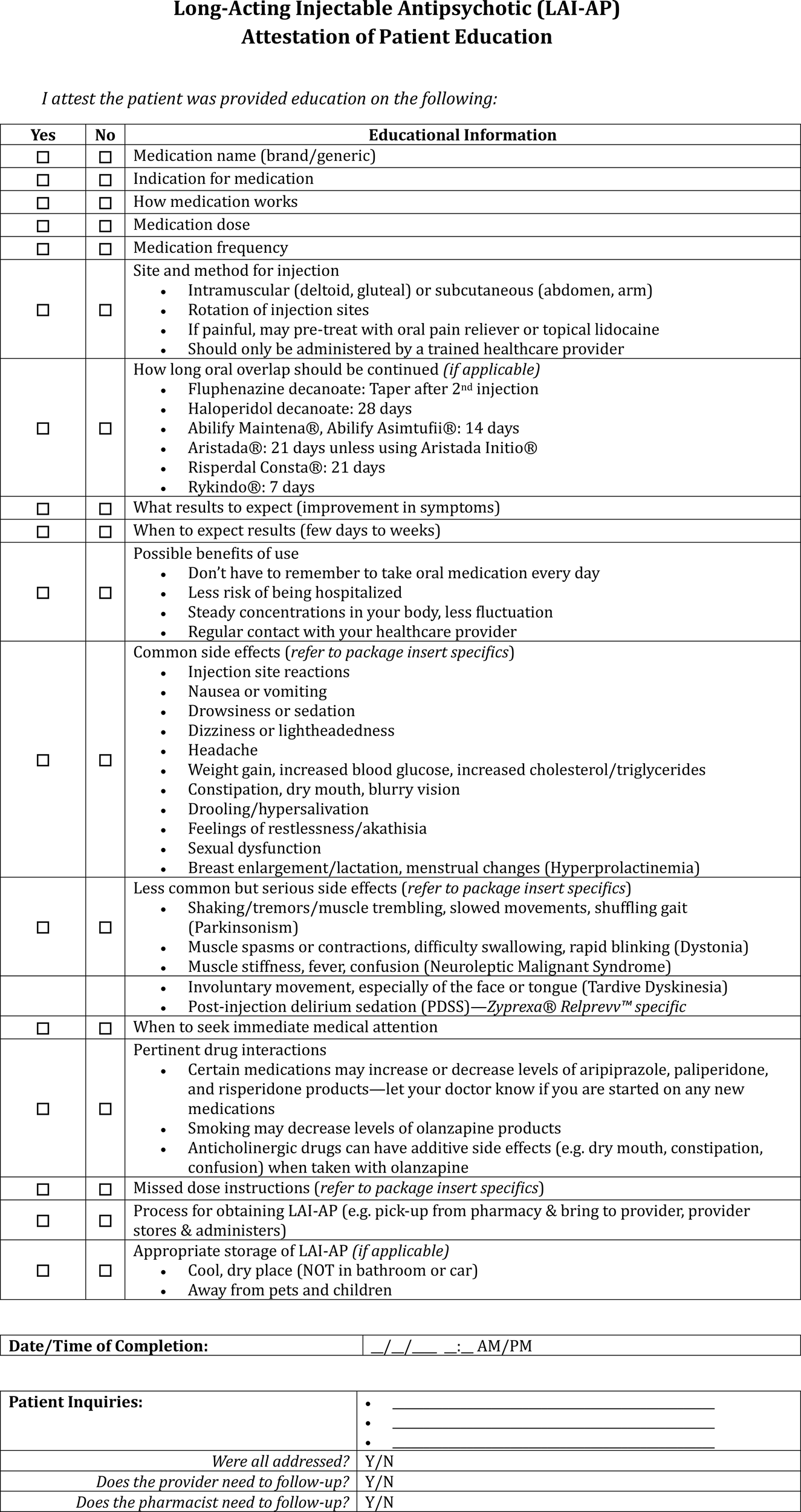Form titled “Long-Acting Injectable Antipsychotic (LAI-AP) Attestation of Patient Education” with checkboxes for education on topics like medication name, method of injection, benefits, side effects, drug interactions, and storage. It includes sections for confirming understanding and follow-ups with date/time completion fields.