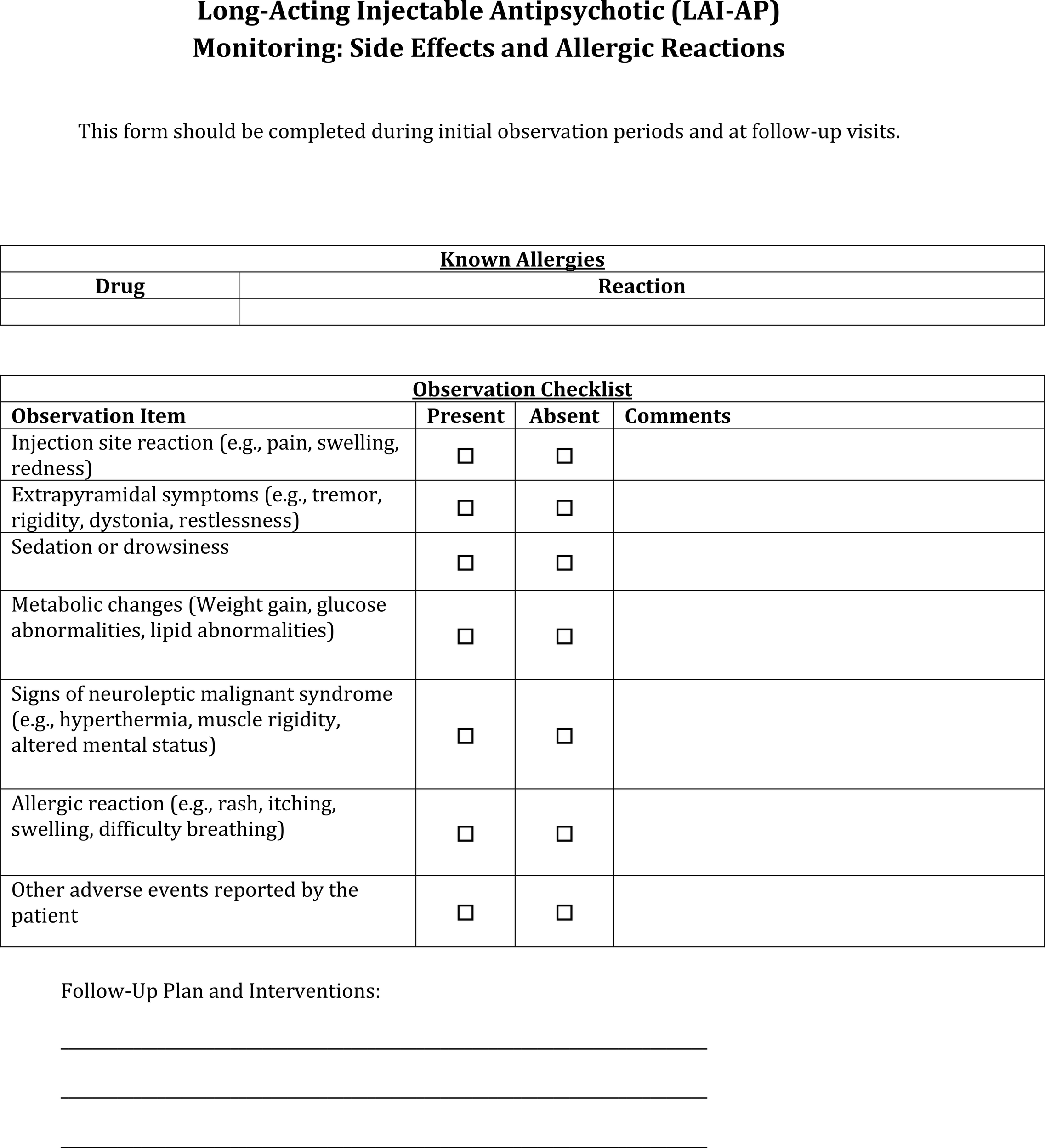 Form titled “Long-Acting Injectable Antipsychotic (LAI-AP) Monitoring: Side Effects and Allergic Reactions.” It includes sections for known allergies, an observation checklist for symptoms like injection site reactions and metabolic changes, and fields for follow-up plans and interventions. Each symptom has checkboxes for “Present,” “Absent,” and “Comments."