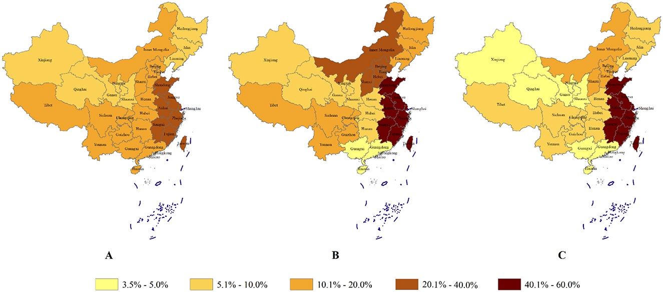 Three maps of China labeled A, B, and C show varying population percentages. Each map uses color gradients: light yellow represents 3.5% to 5%, increasing to dark brown for 40.1% to 60%. Map A is the real proportion of populations in each region of China. Map B is the proportion of subjects who answered the public items in each region. Map C is the proportion of subjects who answered the vision professionals items in each region of China.