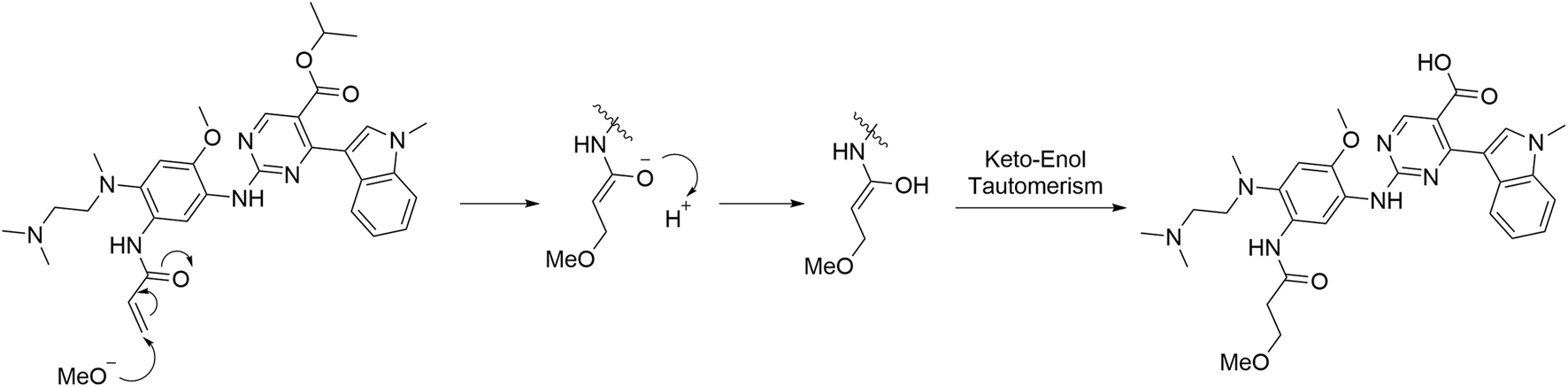 Chemical reaction diagram depicting a stepwise process leading to keto-enol tautomerism. The reaction begins with a methoxy group interacting with a carbonyl group, followed by the transfer of a proton, and finally forming an enol structure from a keto compound. Arrows indicate electron movement and transformations.