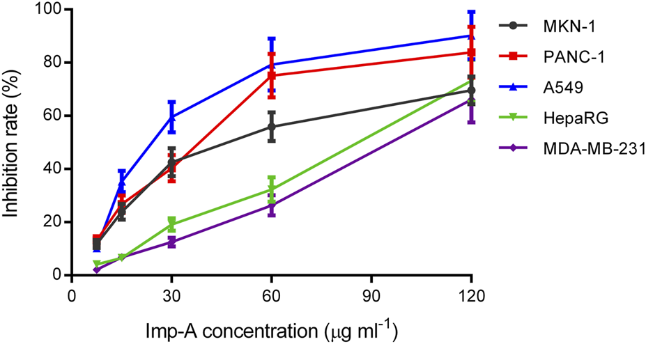 Line graph showing inhibition rates in percentage versus Imp-A concentration in micrograms per milliliter for five cell lines: MKN-1 (black), PANC-1 (red), A549 (blue), HepaRG (green), and MDA-MB-231 (purple). All lines increase with concentration, with A549 and PANC-1 showing the highest inhibition rates.