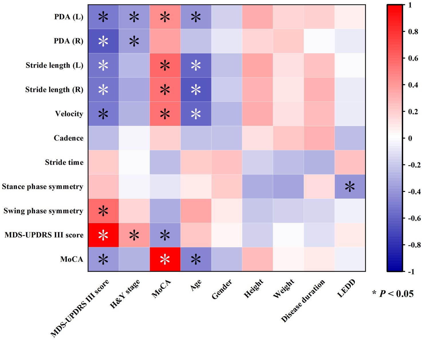 Heatmap showing correlations among various gait and clinical parameters, including PDA (L/R), stride length, velocity, cadence, and others. Colors range from red to blue, indicating positive and negative correlations, respectively. Asterisks mark significant correlations with p-values less than 0.05.