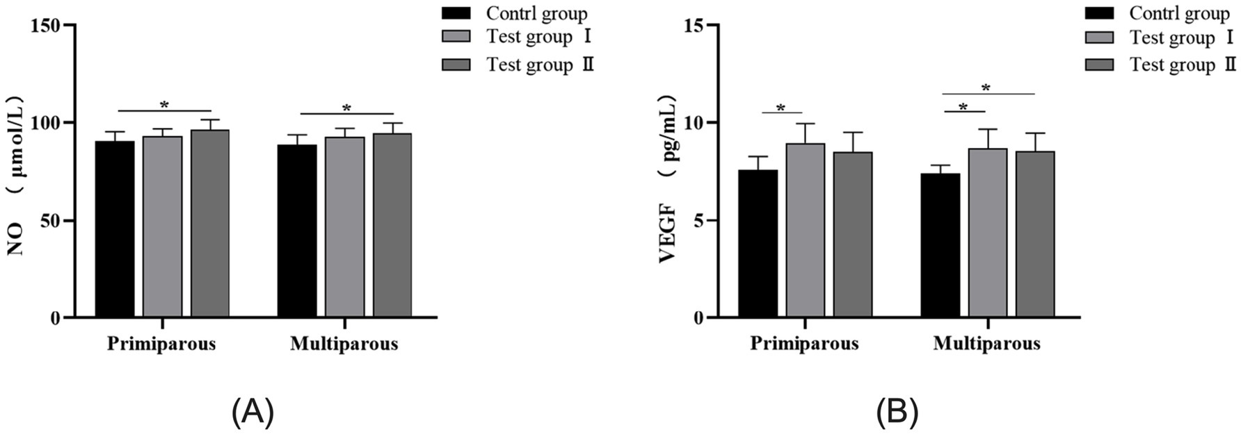 Bar graphs display nitric oxide (NO) and vascular endothelial growth factor (VEGF) levels in primiparous and multiparous groups. In both panels (A) and (B), control, test group I, and test group II are represented in black, light gray, and dark gray, respectively. Significant differences are marked with an asterisk. NO levels (A) are measured in micromoles per liter; VEGF levels (B) are in picograms per milliliter.