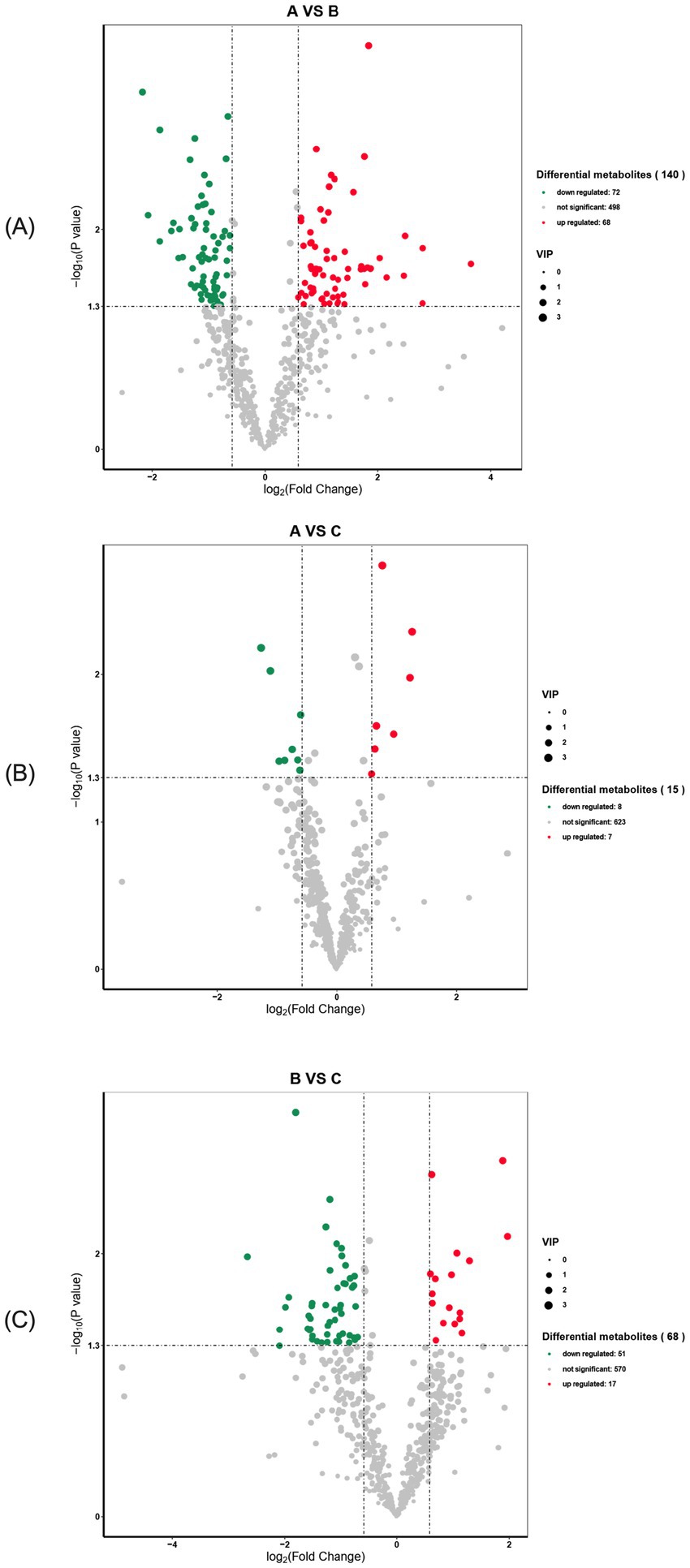 Three volcano plots illustrate differential metabolites, comparing groups A vs B (top), A vs C (middle), and B vs C (bottom). Each plot displays metabolites as dots, with red and green indicating upregulated and downregulated metabolites, respectively, based on log2 fold change and negative log10 p-value. Key statistics: A vs B, 140 differential metabolites; A vs C, 15; B vs C, 68. Circle size reflects VIP scores.