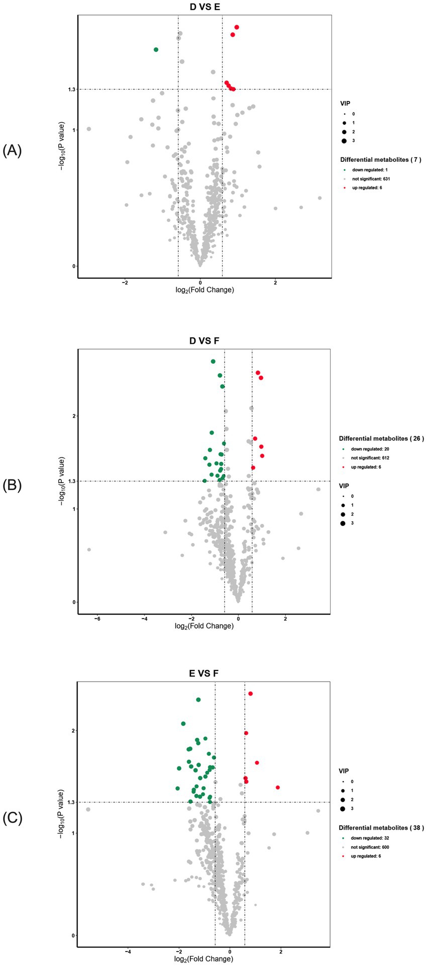 Three volcano plots compare differential metabolites between groups. Plot A (D vs E) shows one down-regulated and six up-regulated metabolites. Plot B (D vs F) has twenty down-regulated and six up-regulated ones. Plot C (E vs F) features thirty-two down-regulated and six up-regulated metabolites. Each plot indicates significance and VIP scores, with points color-coded as red for up-regulated, green for down-regulated, and grey for not significant.