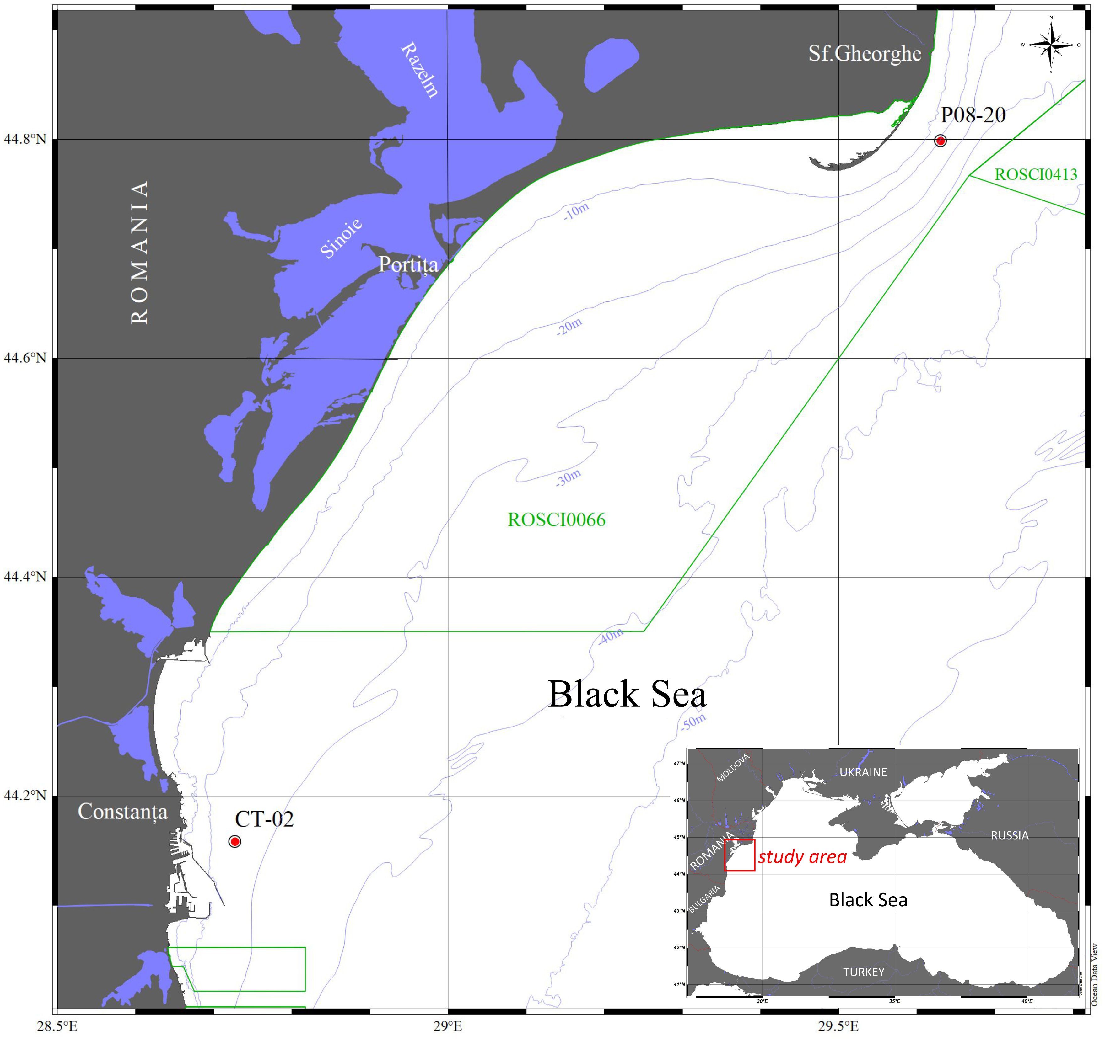 Map of the Black Sea region highlighting Romania's coastline, with locations Sf. Gheorghe, Constanța, and other landmarks. Includes labeled areas like ROSCI0066 and ROSCI0413. Inset shows the broader Black Sea with study area marked.