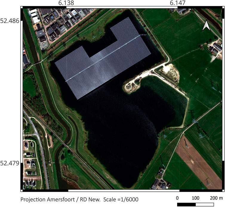 Pan-sharpened satellite image showing floating solar panels on a multi-purpose inland lake in the Netherlands, captured at 0.3-meter spatial resolution.