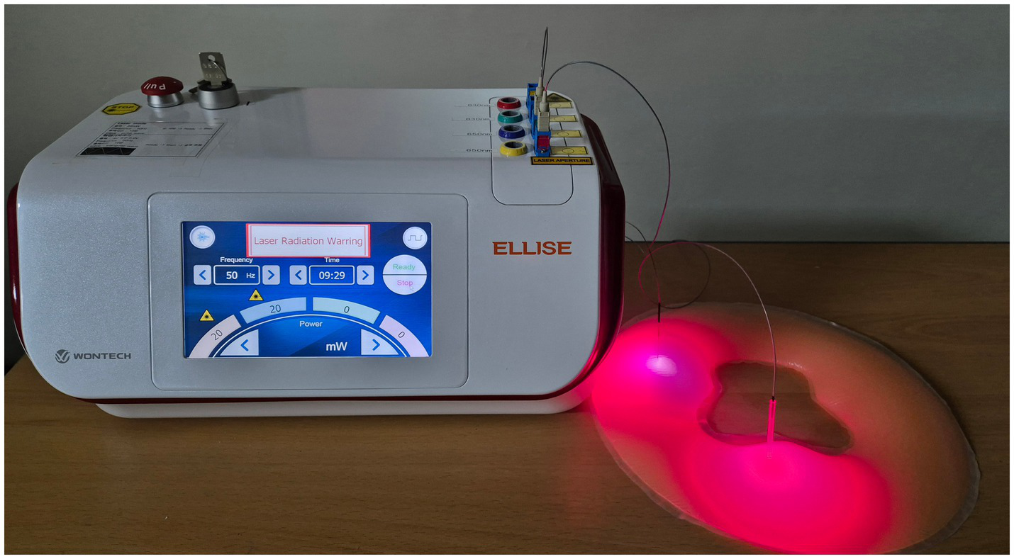 A medical laser device labeled "Ellise" with a digital screen displaying a warning about laser radiation. The screen shows frequency and time settings. Two laser probes emit bright red light on a surface. The device has multiple control buttons on the top.