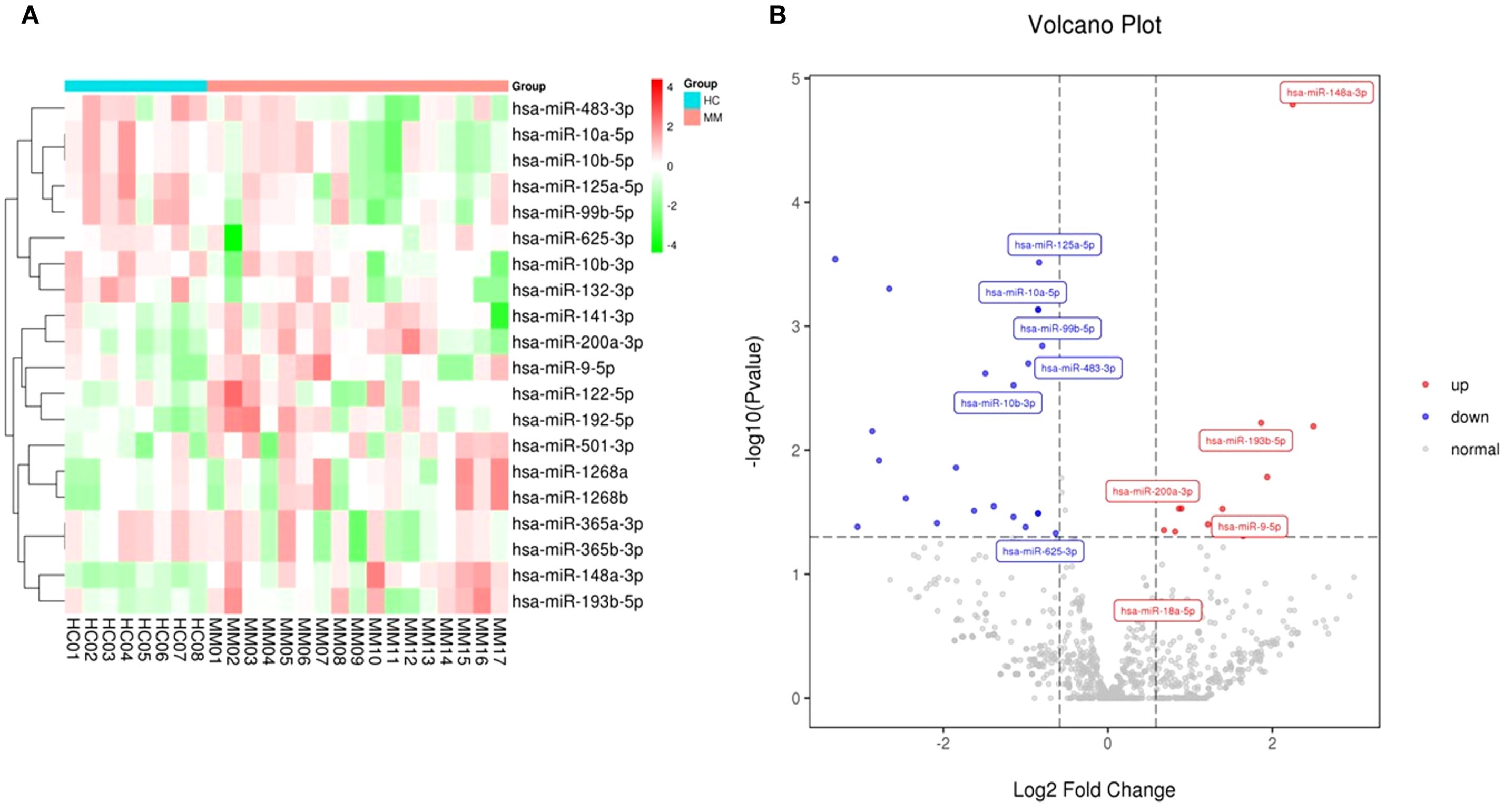 Panel A presents a heatmap of microRNA expression profiles across two groups: MM and HC, with varying intensity from red to green indicating expression levels. Panel B displays a volcano plot showing the log2 fold change versus the negative log10 P-value of miRNA expression. Red dots indicate upregulated miRNAs, blue dots indicate downregulated miRNAs, and gray dots represent normal expression levels. Specific miRNAs, such as hsa-miR-148a-3p, are highlighted within the plot.