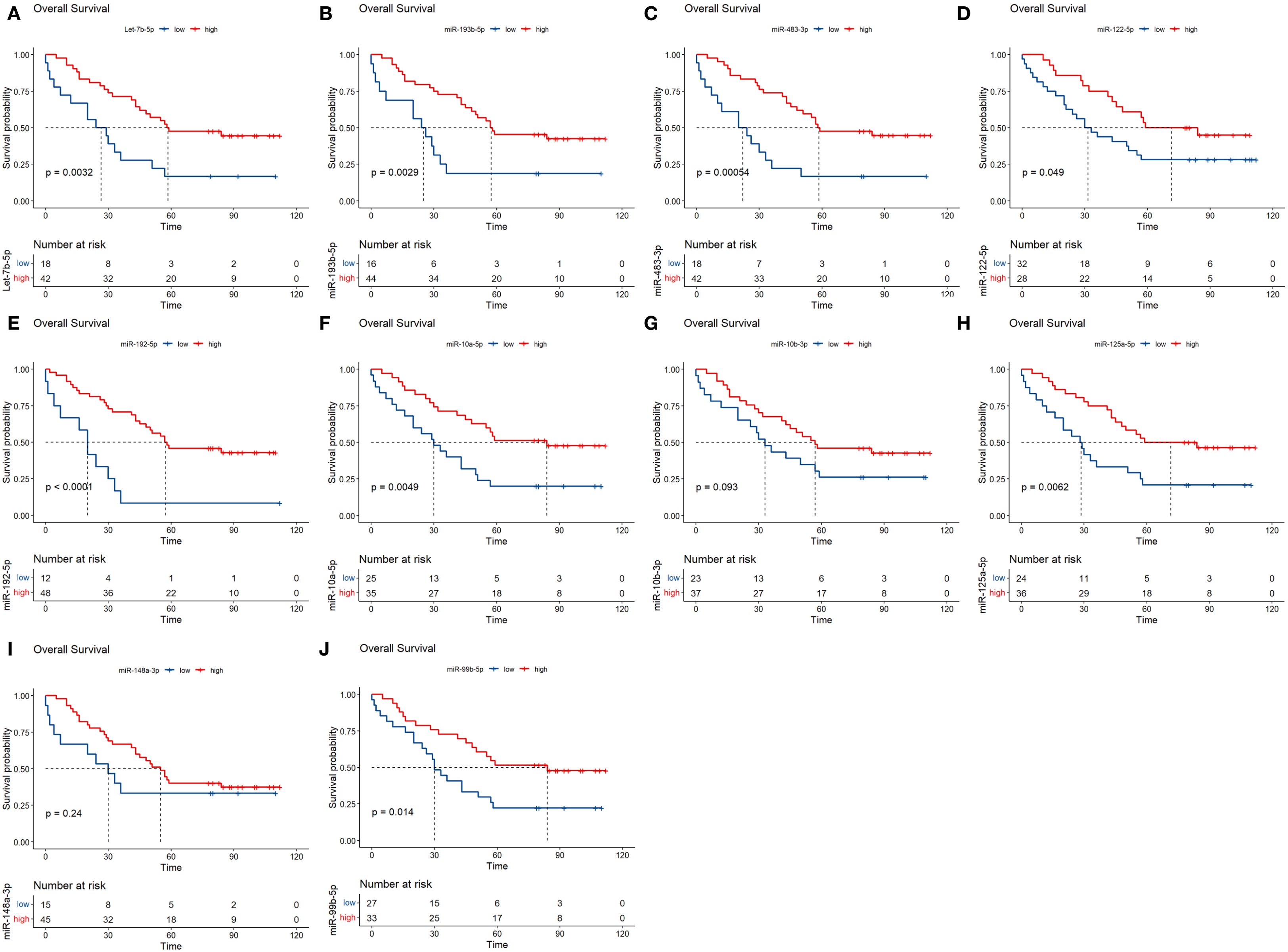 Kaplan-Meier survival curves displaying overall survival for various microRNAs in low and high expression groups. The graphs are labeled A to J, each showing different microRNAs. The x-axis represents time, and the y-axis represents survival probability. P-values are indicated, showing statistical significance. Red lines represent high expression while blue lines represent low expression. The number at risk is detailed below each graph.
