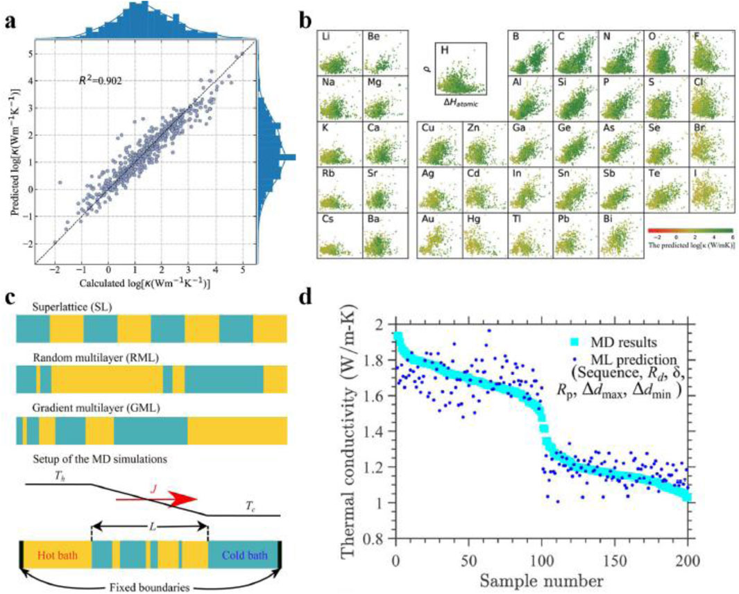 a) Scatter plot showing predicted versus calculated logarithmic thermal conductivity values with a high correlation (R² = 0.902). b) Multiple scatter plots depicting predicted thermal conductivity for various elements with color coding representing different predicted log values. c) Diagram illustrating superlattice, random multilayer, and gradient multilayer structures, along with a setup for molecular dynamics simulations showing hot and cold baths. d) Graph displaying thermal conductivity across sample numbers, comparing molecular dynamics results with machine learning predictions.