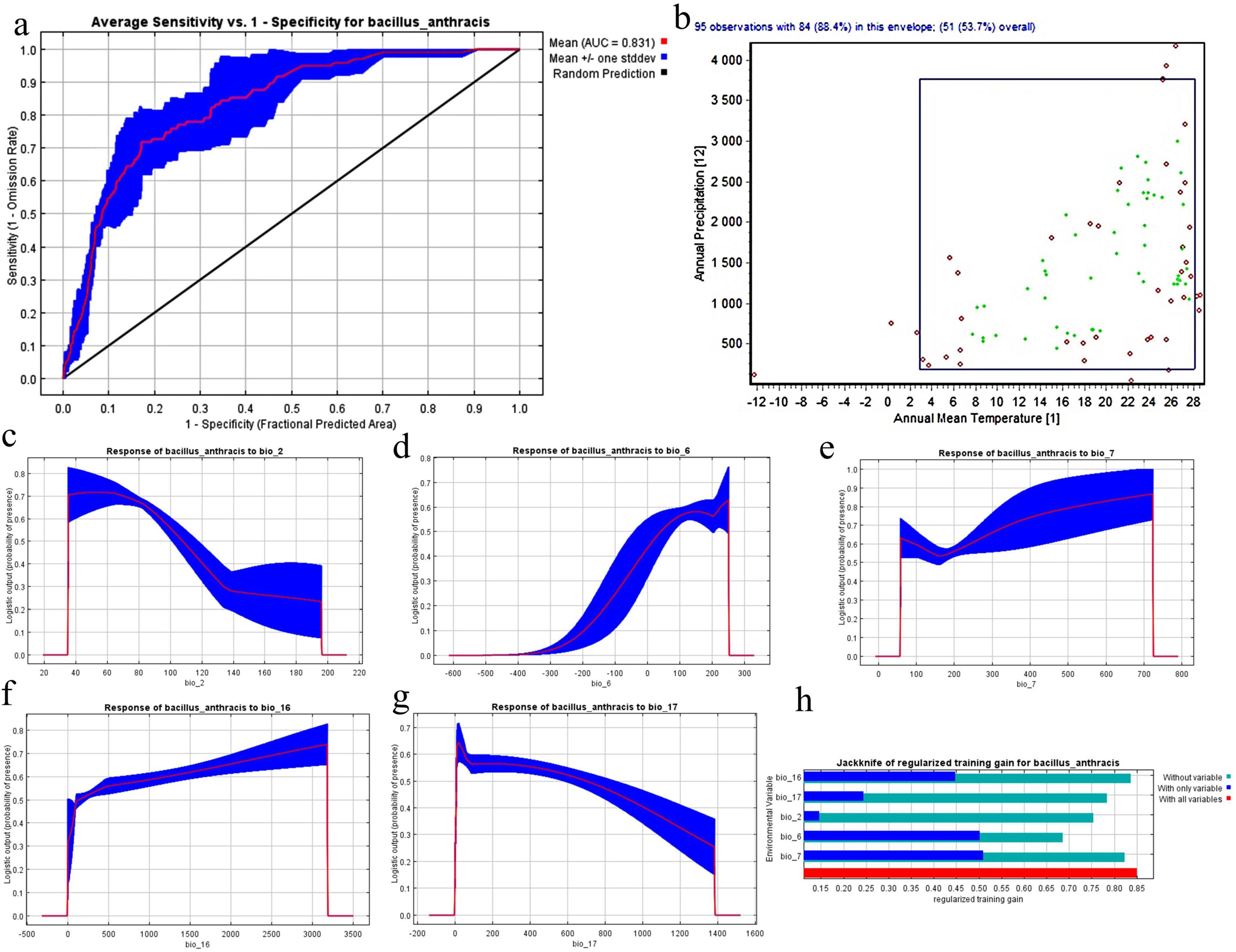 Graphical analysis of Bacillus anthracis. Panel a shows a ROC curve with an AUC of 0.831, comparing sensitivity to specificity. Panel b is a scatter plot of annual precipitation versus temperature. Panels c to g display response curves for different bioclimatic variables, demonstrating variability in predicted probability. Panel h is a bar chart illustrating the jackknife of regularized training gain for multiple variables, highlighting the predictive importance of each variable.