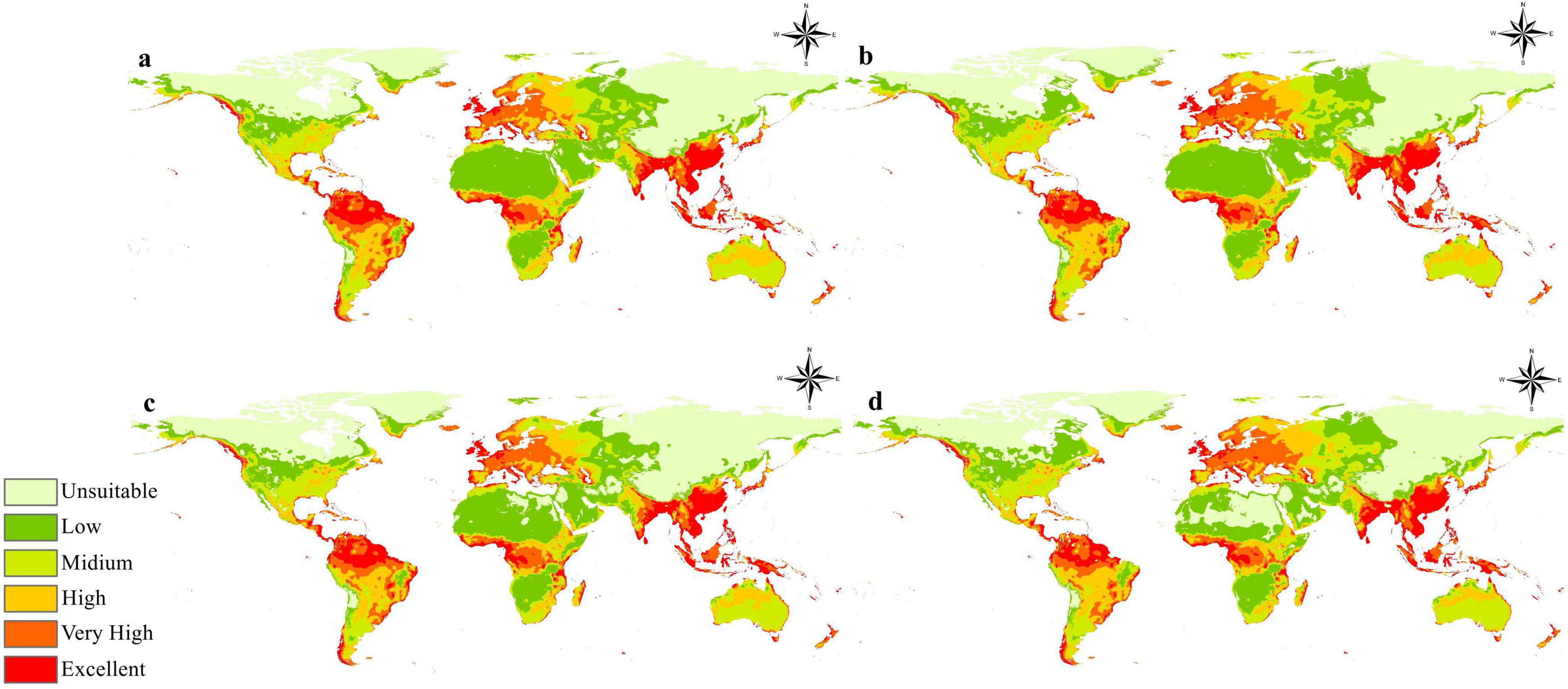 Four world maps labeled a, b, c, and d illustrate suitability levels for a specific criterion, ranging from unsuitable to excellent. Color coding indicates varying levels: light green for unsuitable, green for low, yellow-green for medium, orange for high, red for very high, and dark red for excellent suitability. Each map shows different distributions of these suitability levels across continents.