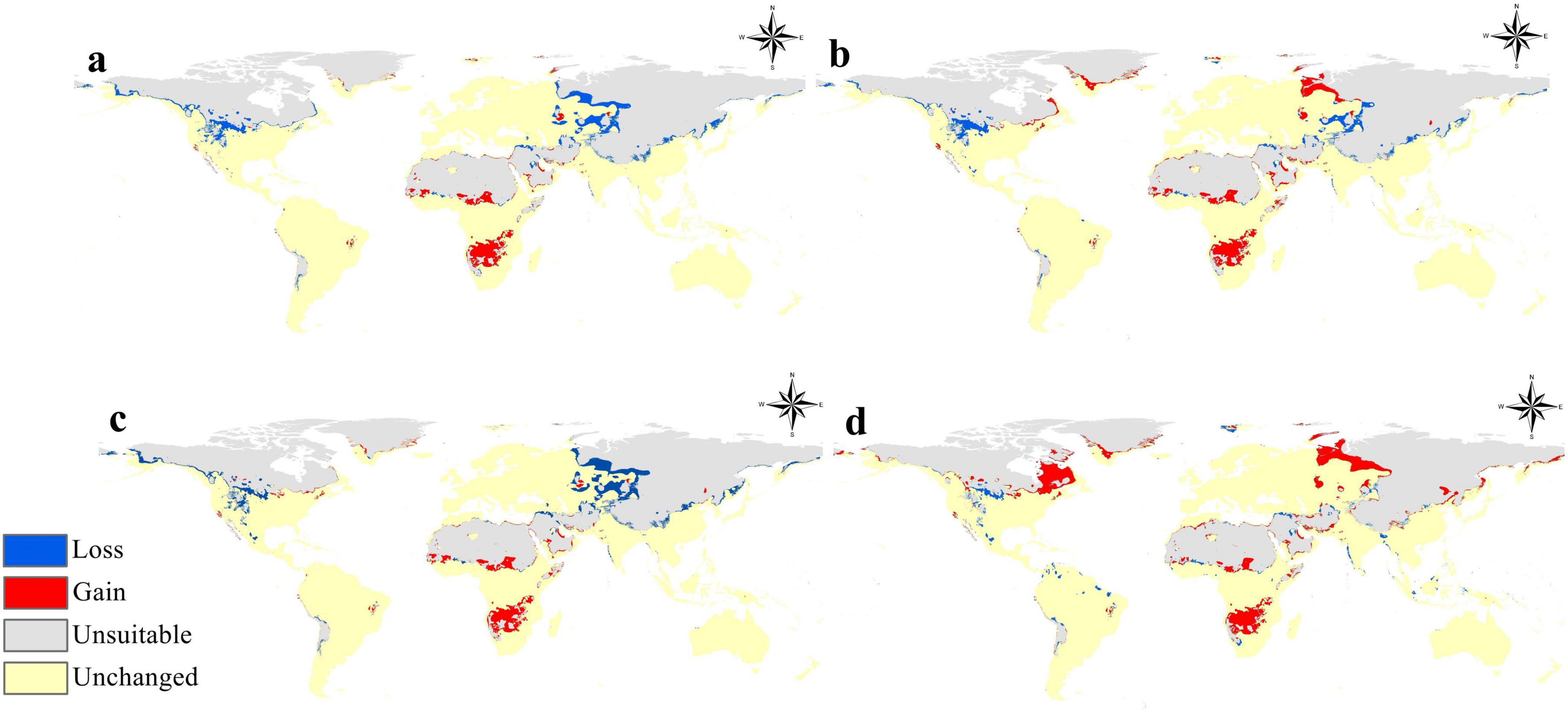 World maps labeled a, b, c, and d depict changes in land areas with blue for loss, red for gain, gray for unsuitable, and yellow for unchanged regions. Each map shows different geographical changes across continents.