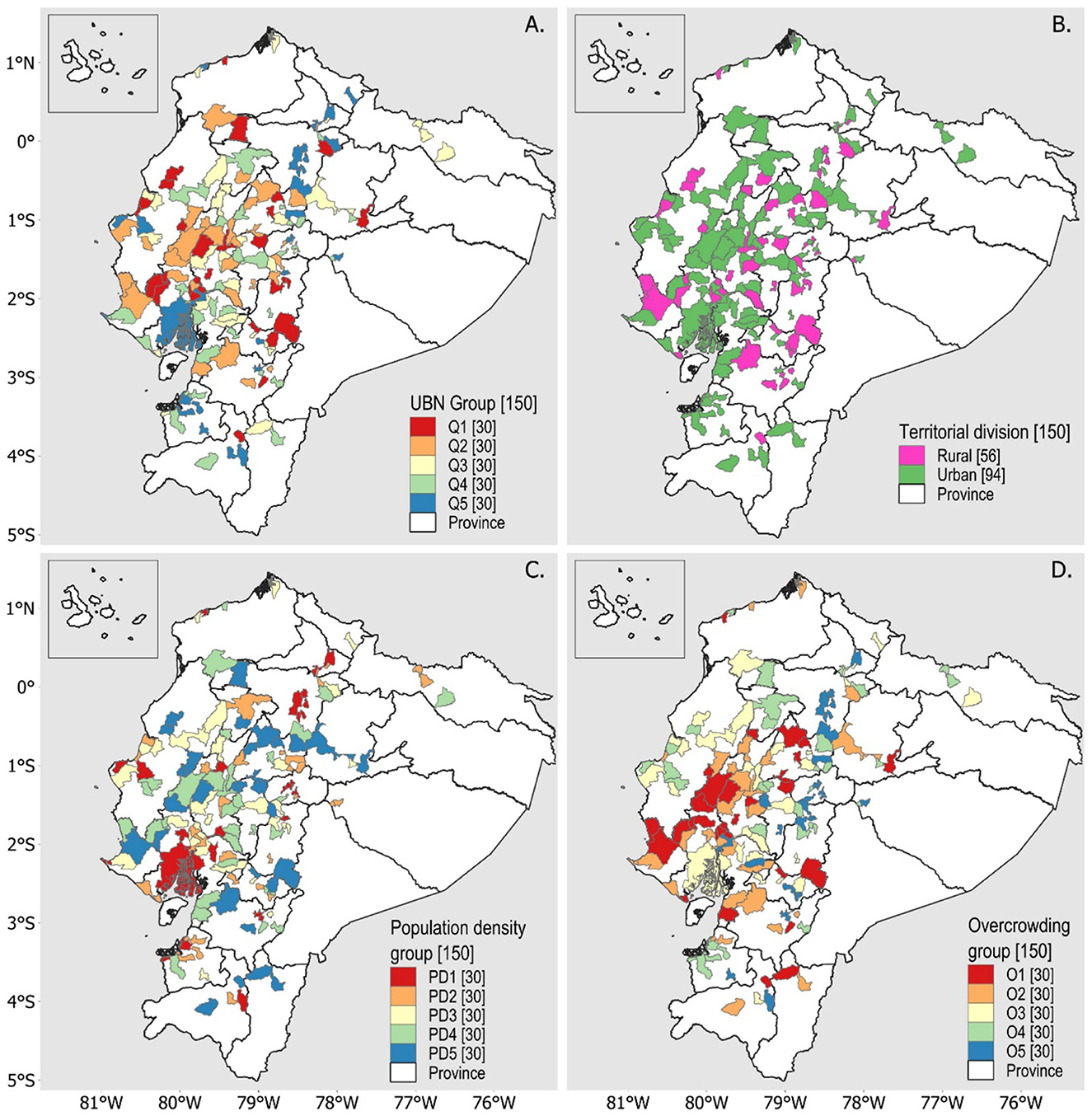 Four-panel map of Ecuador showing various demographic data. Panel A: Colored regions represent UBN Group with categories Q1 to Q5. Panel B: Areas divided into rural and urban regions. Panel C: Population density illustrated with PD1 to PD5 categories. Panel D: Overcrowding levels shown in groups O1 to O5. Each map includes a smaller inset map for location reference.