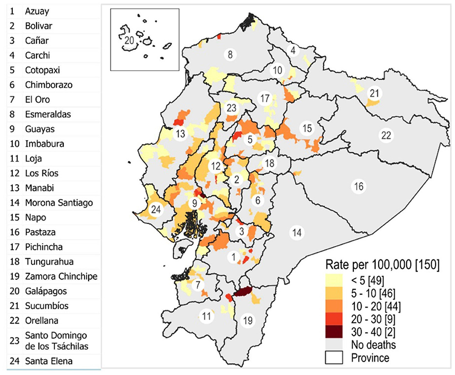 Map of Ecuador showing the rate of deaths per 100,000 people across its provinces. Provinces are labeled with numbers corresponding to a list on the left. Color shading indicates death rates: beige for under 5, yellow for 5 to 10, light orange for 10 to 20, dark orange for 20 to 30, and red for 30 to 40. Some areas in gray indicate no deaths. The inset shows the Galápagos Islands.