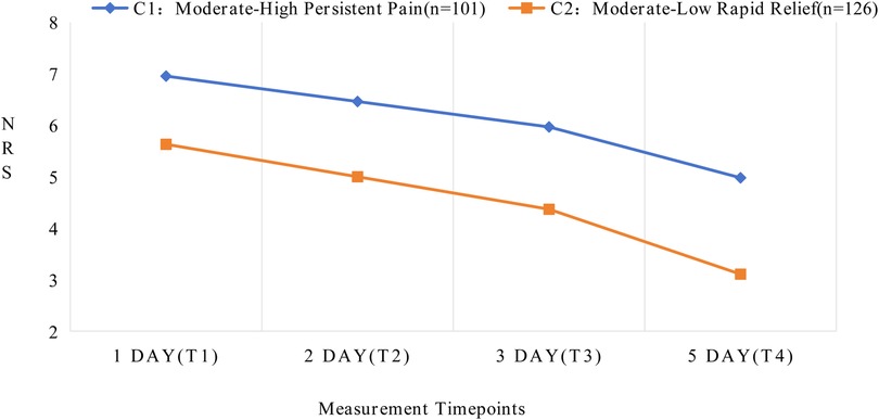 Line graph comparing pain scores between two patient groups across four postoperative time points. Group C1 (moderate-high persistent pain, n=101) starts with higher NRS scores on day 1 and shows a gradual decline from about 7 to 5 by day 5. Group C2 (moderate-low rapid relief, n=126) begins lower at about 6 and decreases more steeply to around 3 by day 5. Both groups improve over time, with C2 showing faster and greater pain relief than C1.