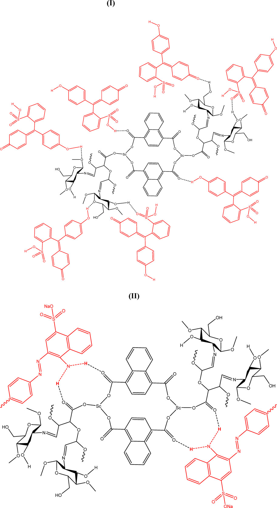 Chemical structure featuring a central cyclic molecule with aromatic rings and multiple branching units. Black lines represent the main structure, while red lines highlight peripheral aromatic groups with ketone and hydroxyl substituents. Chemical structure of a complex molecule containing multiple benzene rings, nitrogens, and sugars. Parts of the molecule are highlighted in red. Various linkages and bonds are displayed, including hydrogen bonds and tartaric acid moieties.